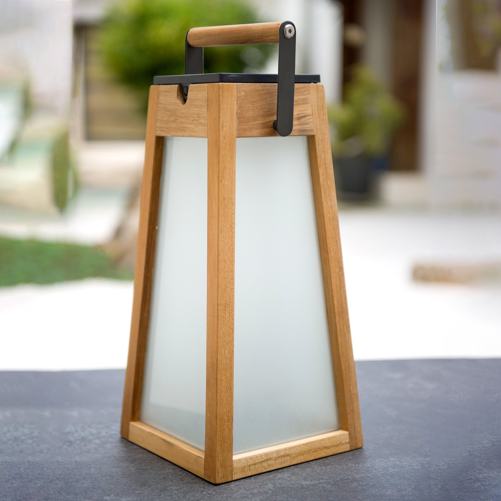 Tecka LED solar lantern, teak wood natural, 39 cm