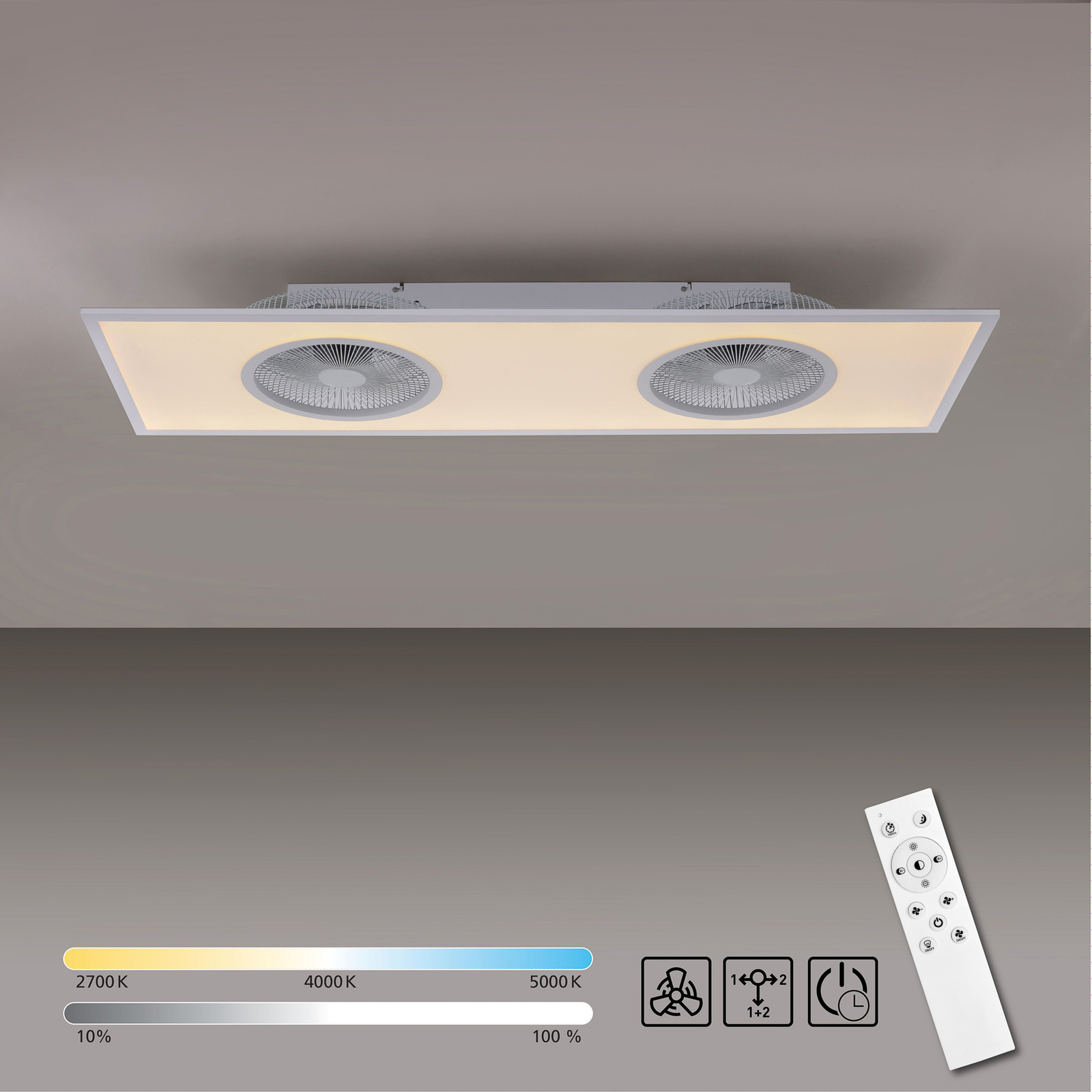 LED ceiling fan Flat-Air, CCT, white, 120x40cm