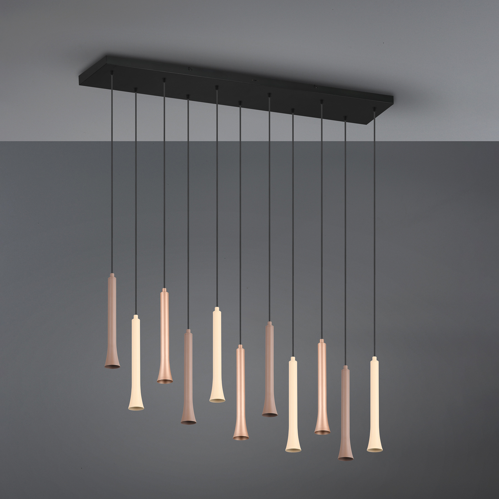 LED pendant light Fiato, 11-bulb, long, metal, taupe, coffee