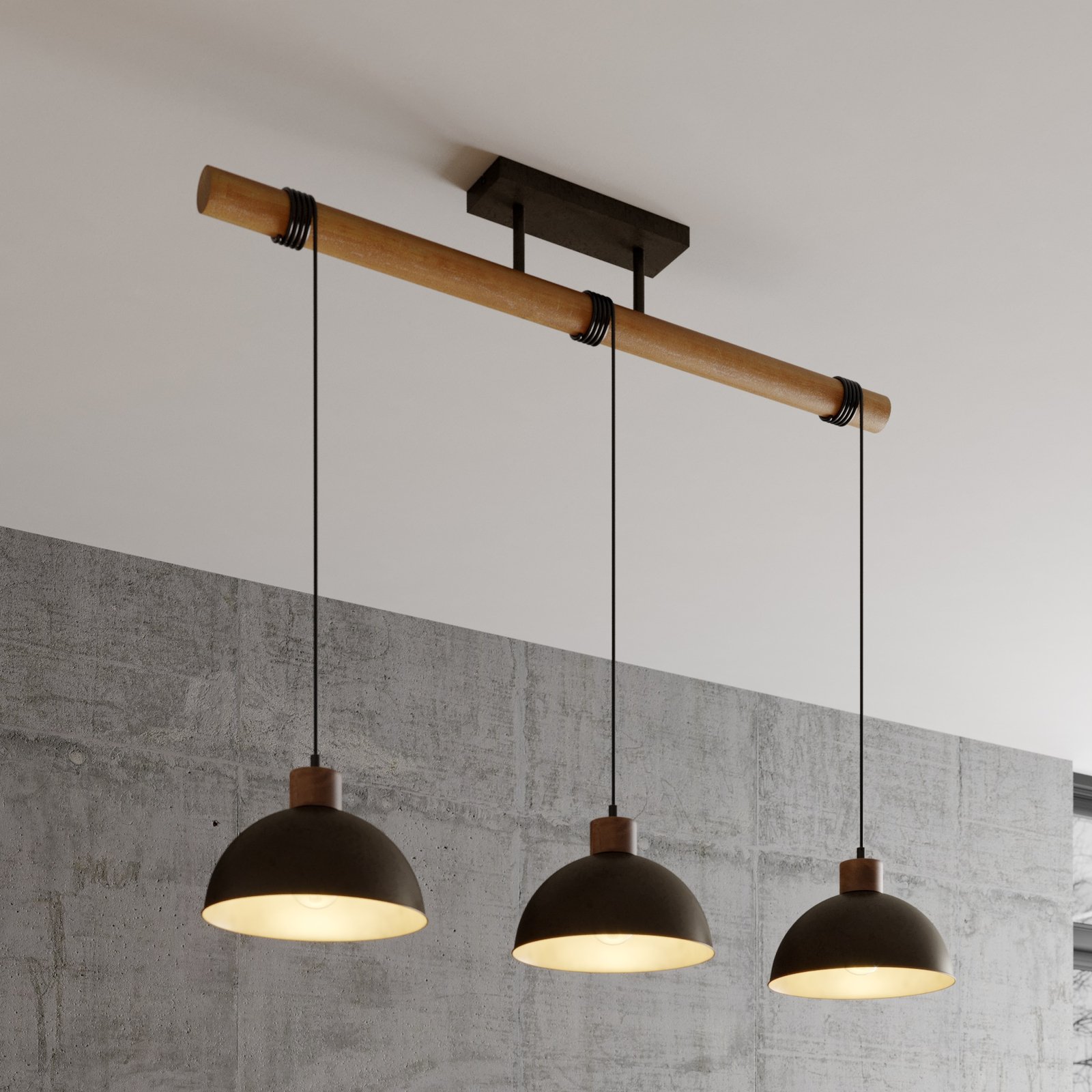 Lindby Holgar hanging light, wood and metal 3-bulb