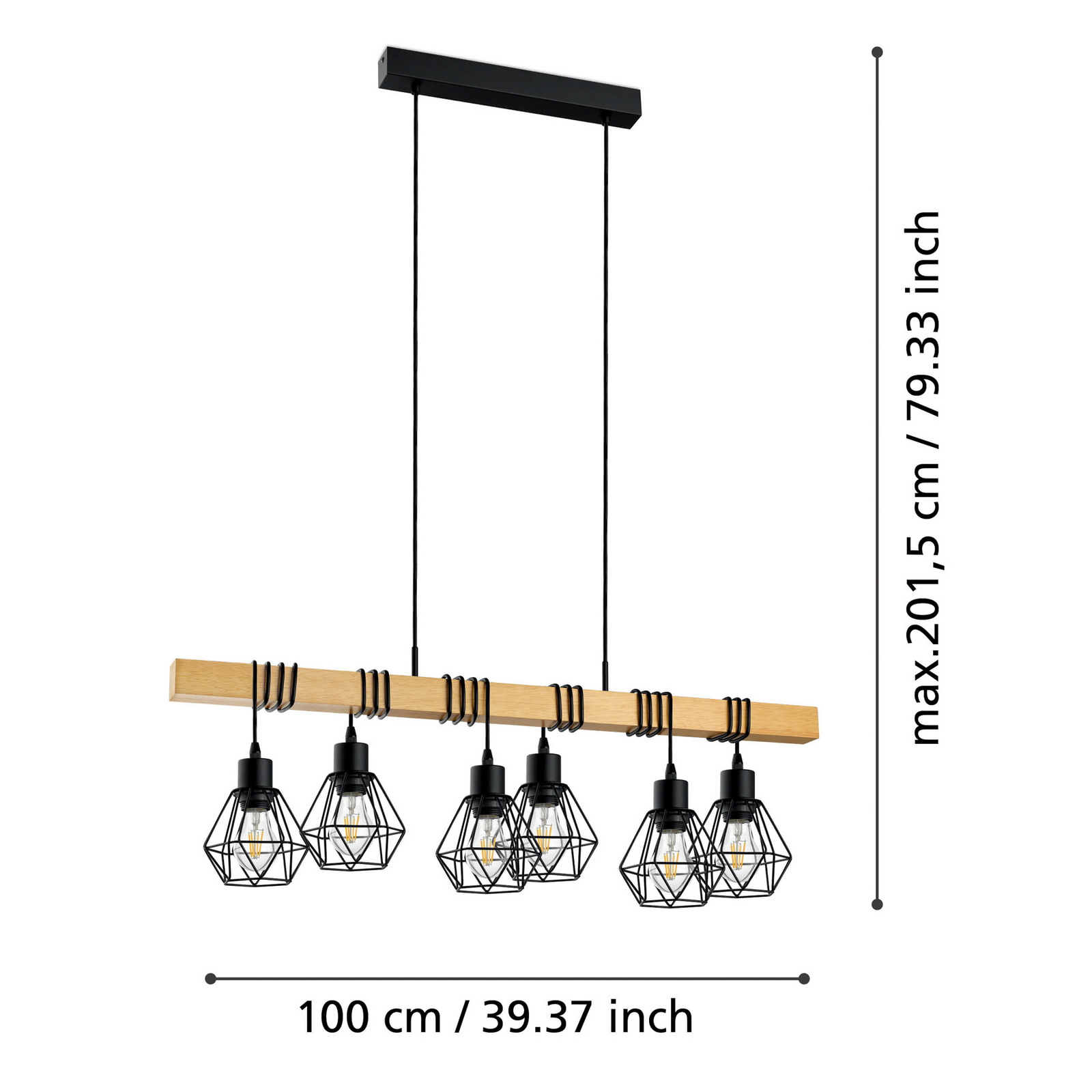 Townshend hanglamp, lengte 100 cm, zwart/eiken, 6-lamps.