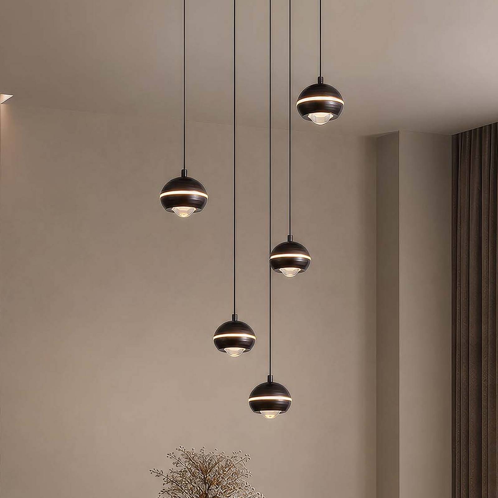 Żyrandol LED Meteor, 5-punktowy, okrągły, CCT, nikiel czarny, metal