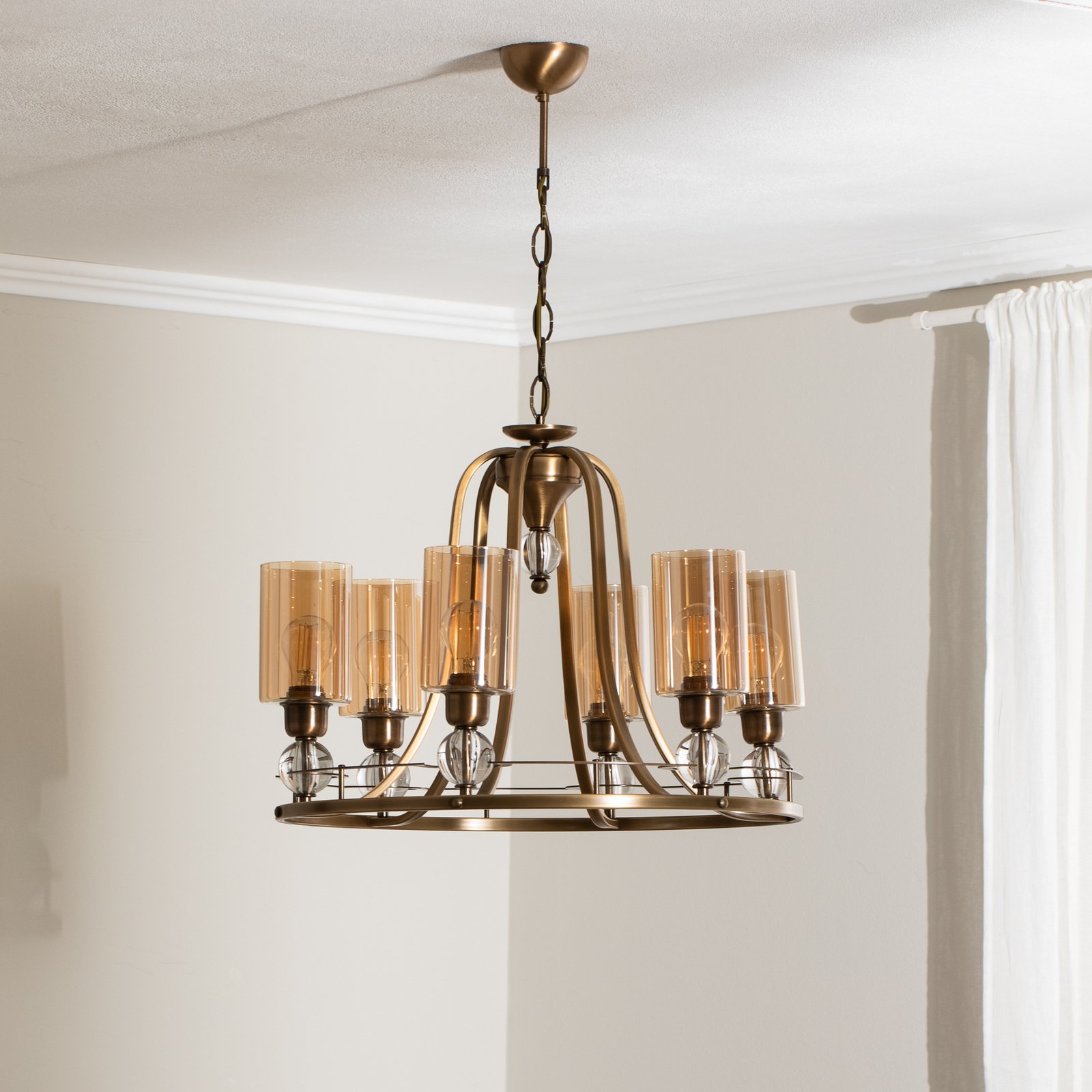 Chandelier Jadina, gold antique, 6-bulb, Ø 62 cm metal/glass