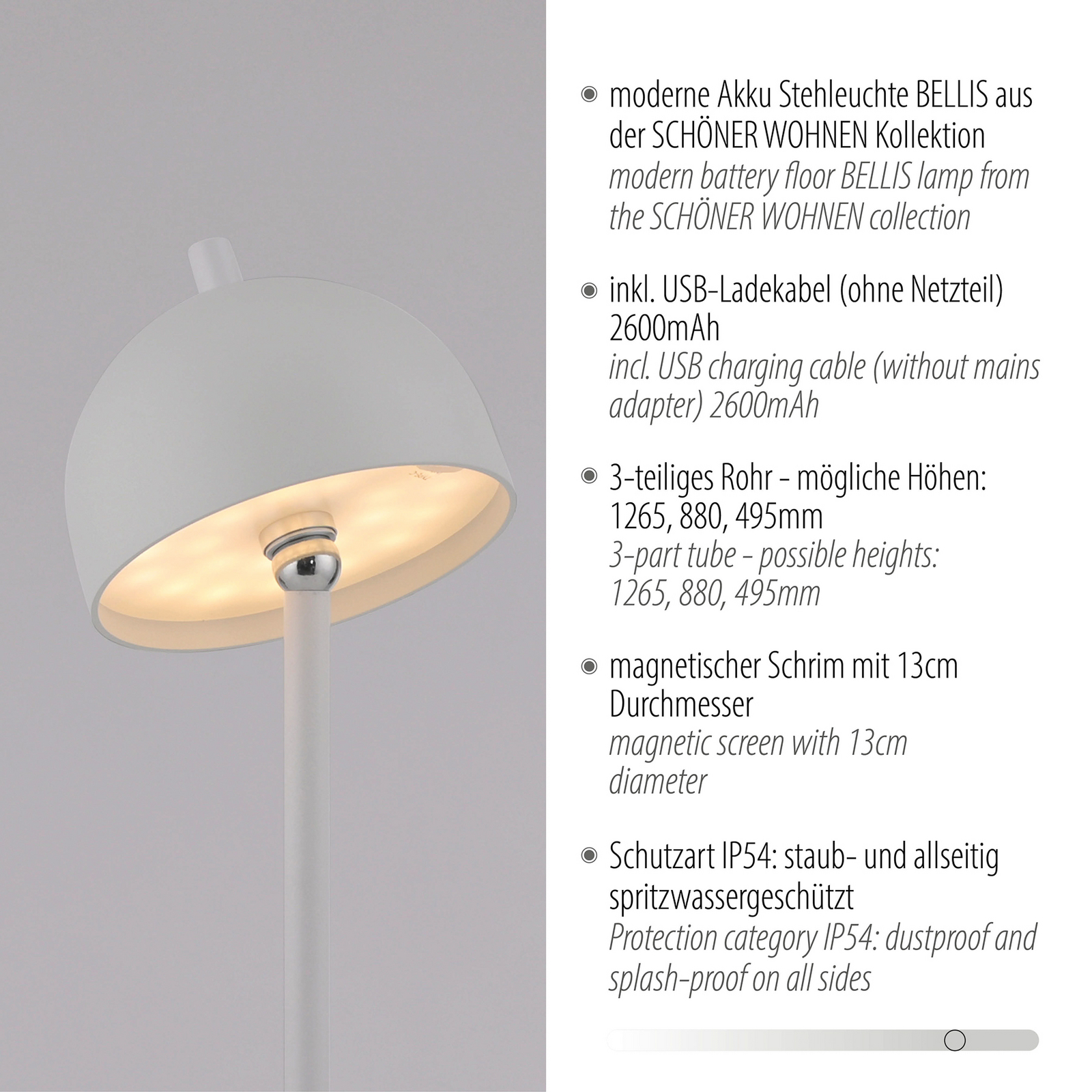 Schöner Wohnen LED-akku-gulvlampe Bellies, hvid, IP54 Schöner Wohnen LED-akku-gulvlampe Bellies, hvid, IP54