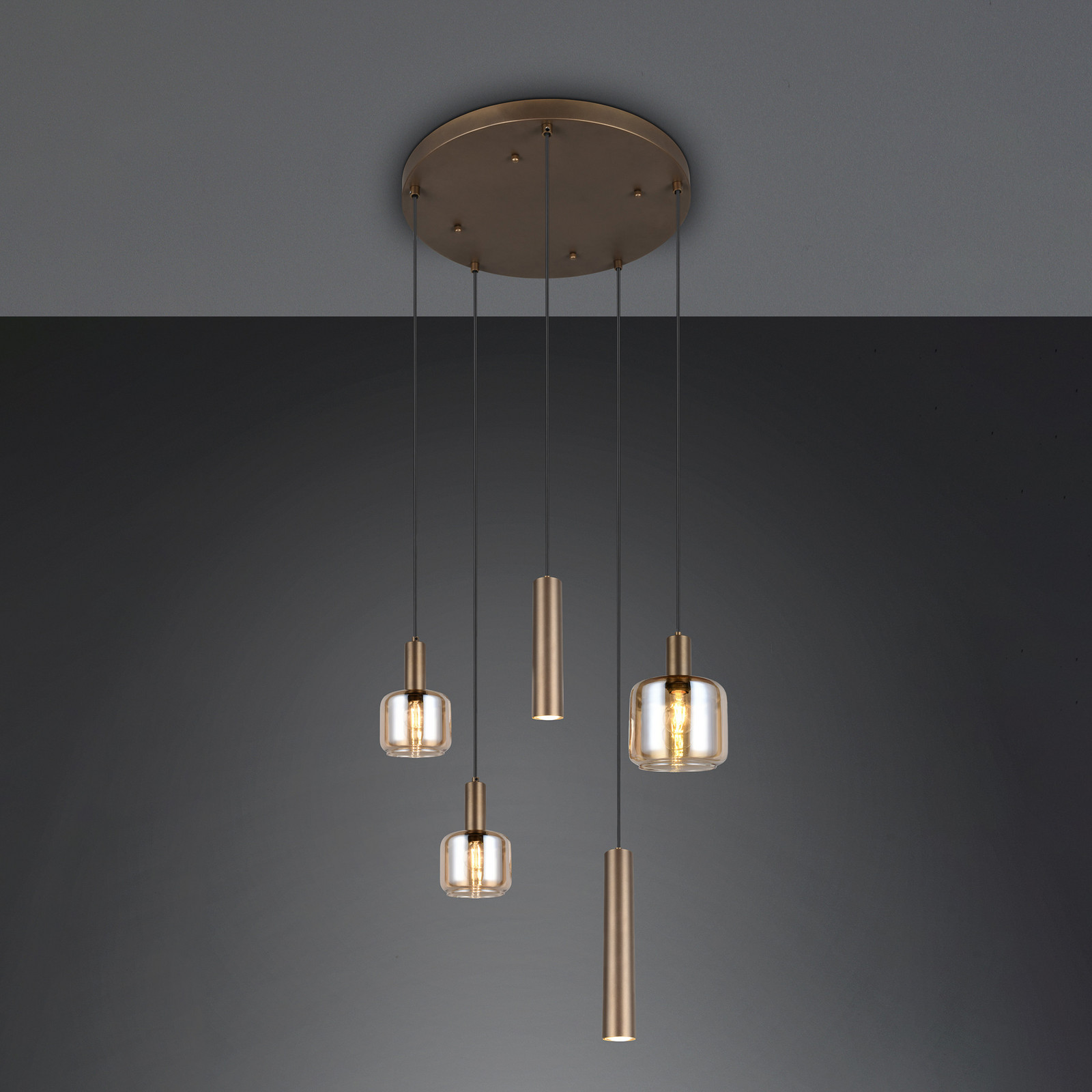 Trio Lighting Висяща лампа „Матаро“, бежова, Ø 55 см, с 5 лампи, стъкло/метал
