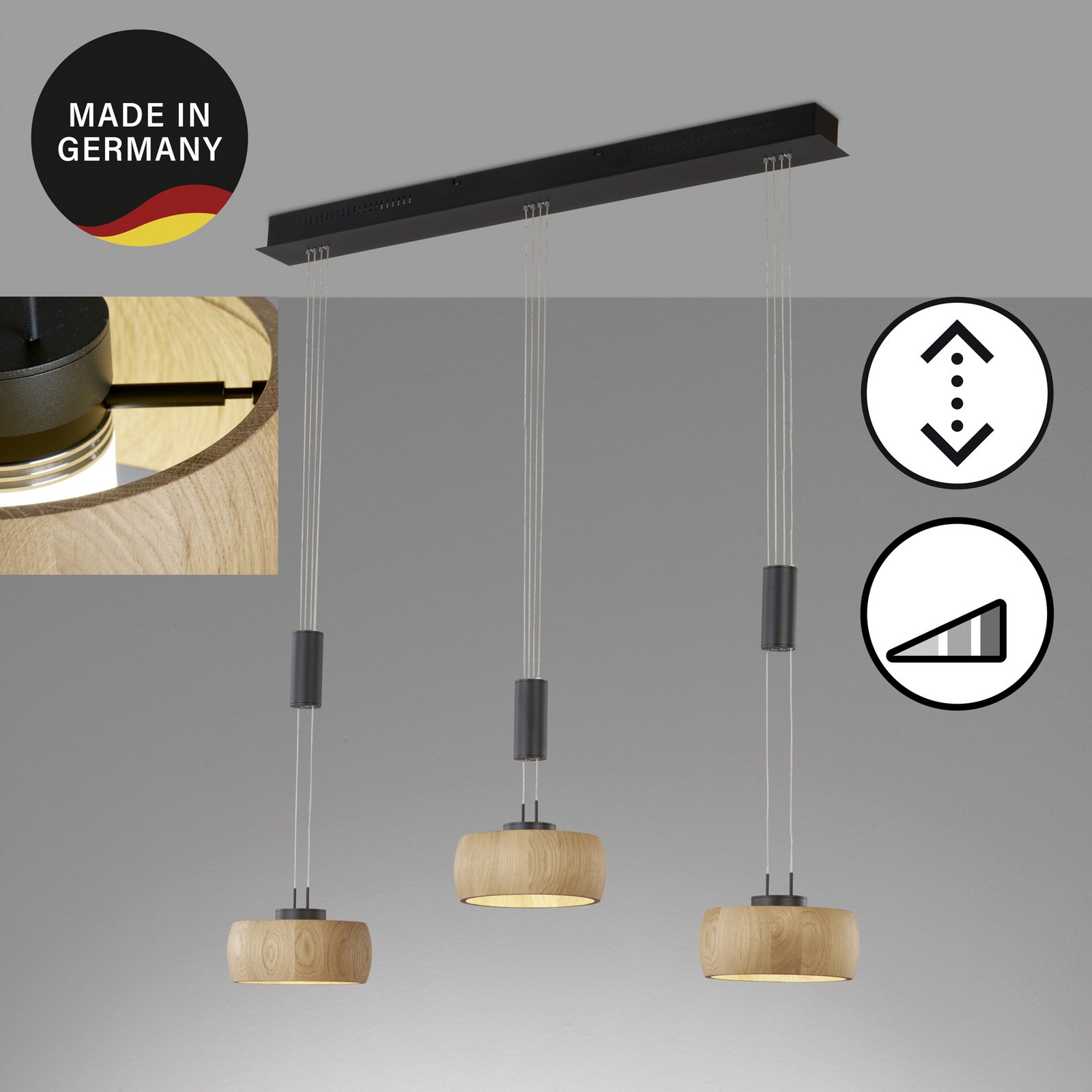 Lámpara colgante LED Shine-Wood, roble/negro Longitud 100 cm 3 luces.