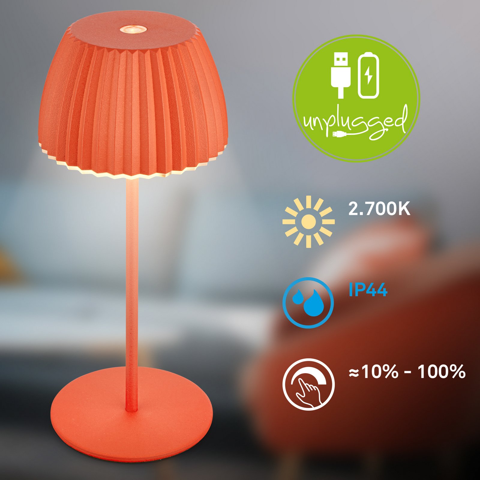 Nabíjecí stolní lampa LED Brilo Riffle bez zásuvky, 20 cm, oranžová