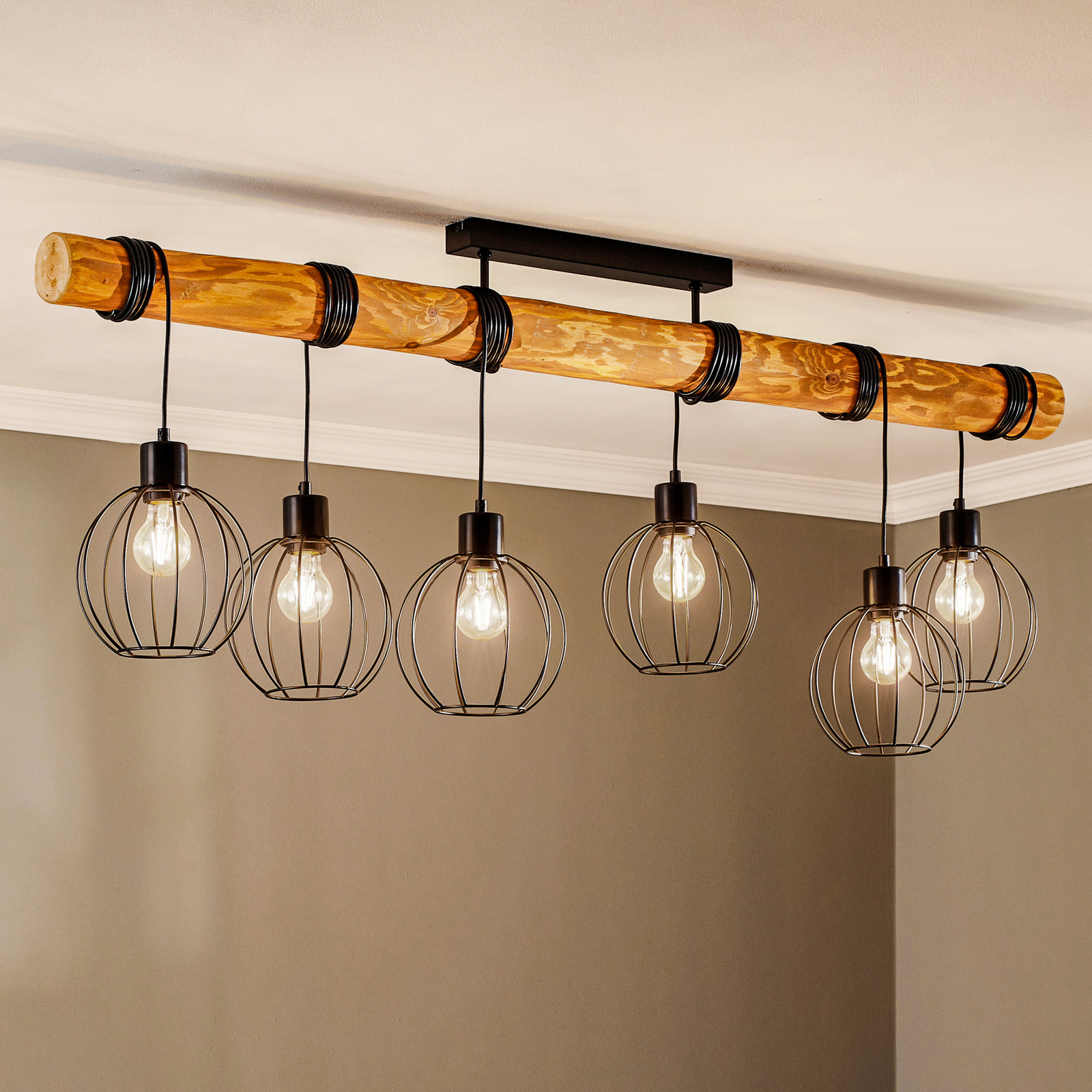 Taklampe Karou, 6 lyskilder, furu, brun
