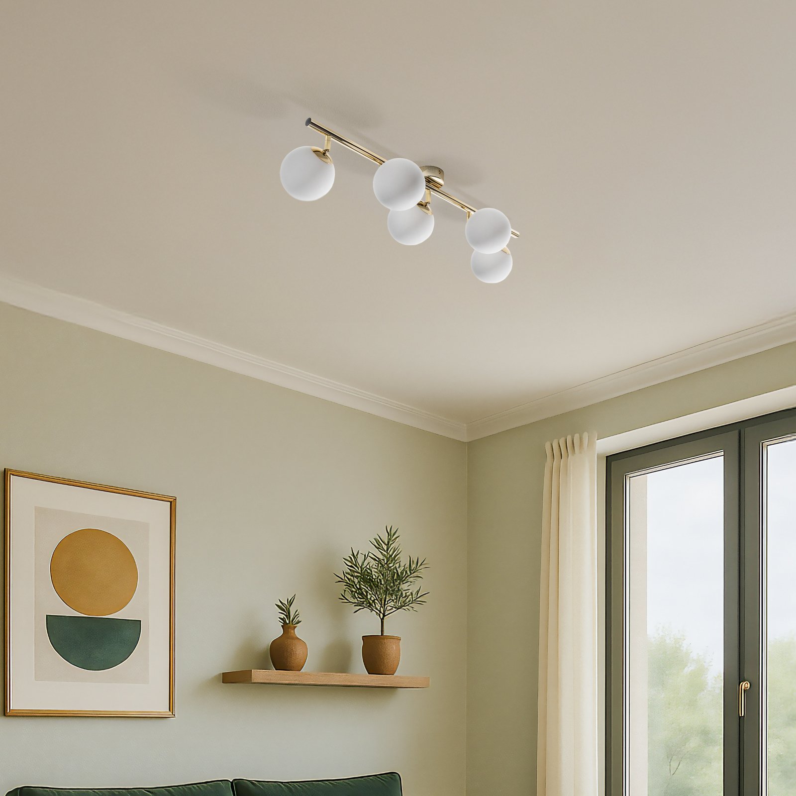 Sieninis šviestuvas „Drum“, auksinės spalvos, stiklas, ilgis 80 cm, 5 lemputės