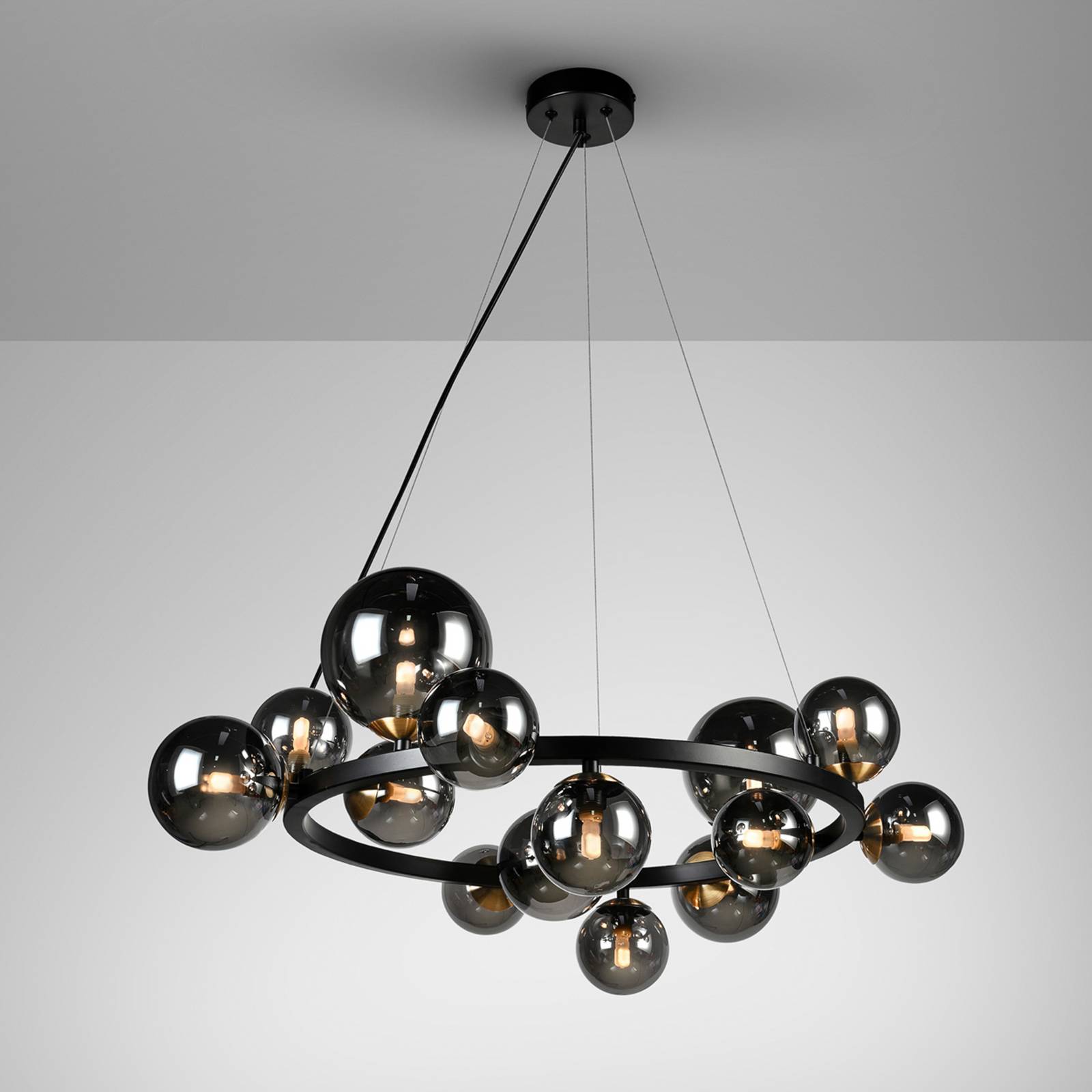Lampa wisząca Astros, 14 świateł, czarna, przydymione szare szkło