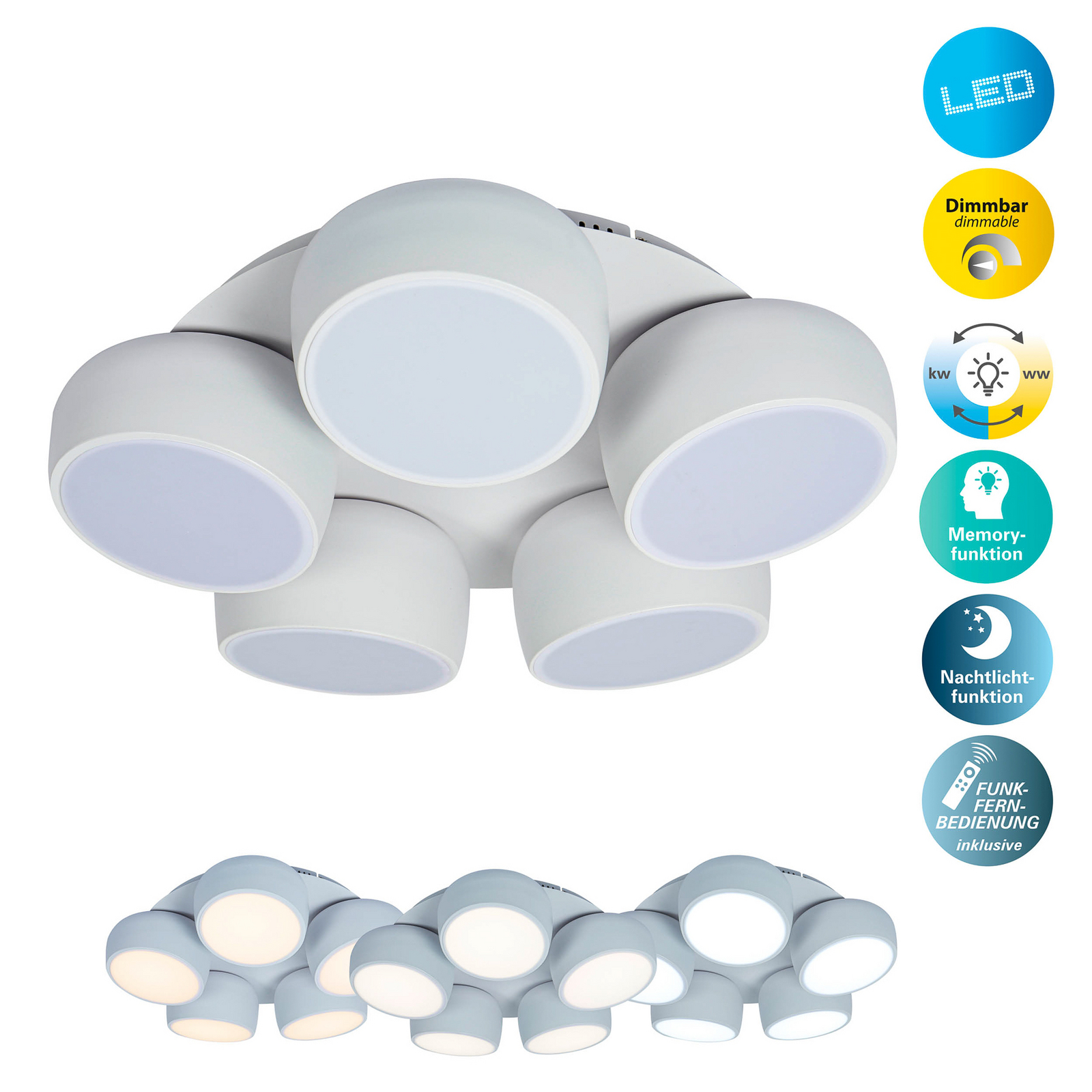 Eliora LED ceiling lamp, 5-bulb, white, CCT, remote control Eliora LED ceiling lamp, 5-bulb, white, CCT, remote control