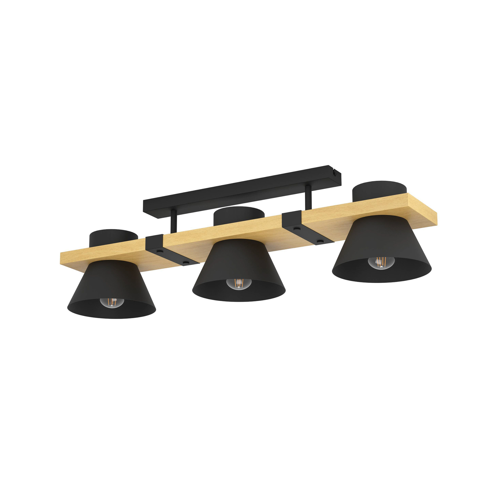 Plafondlamp Maccles in zwart met hout, 3-lamps
