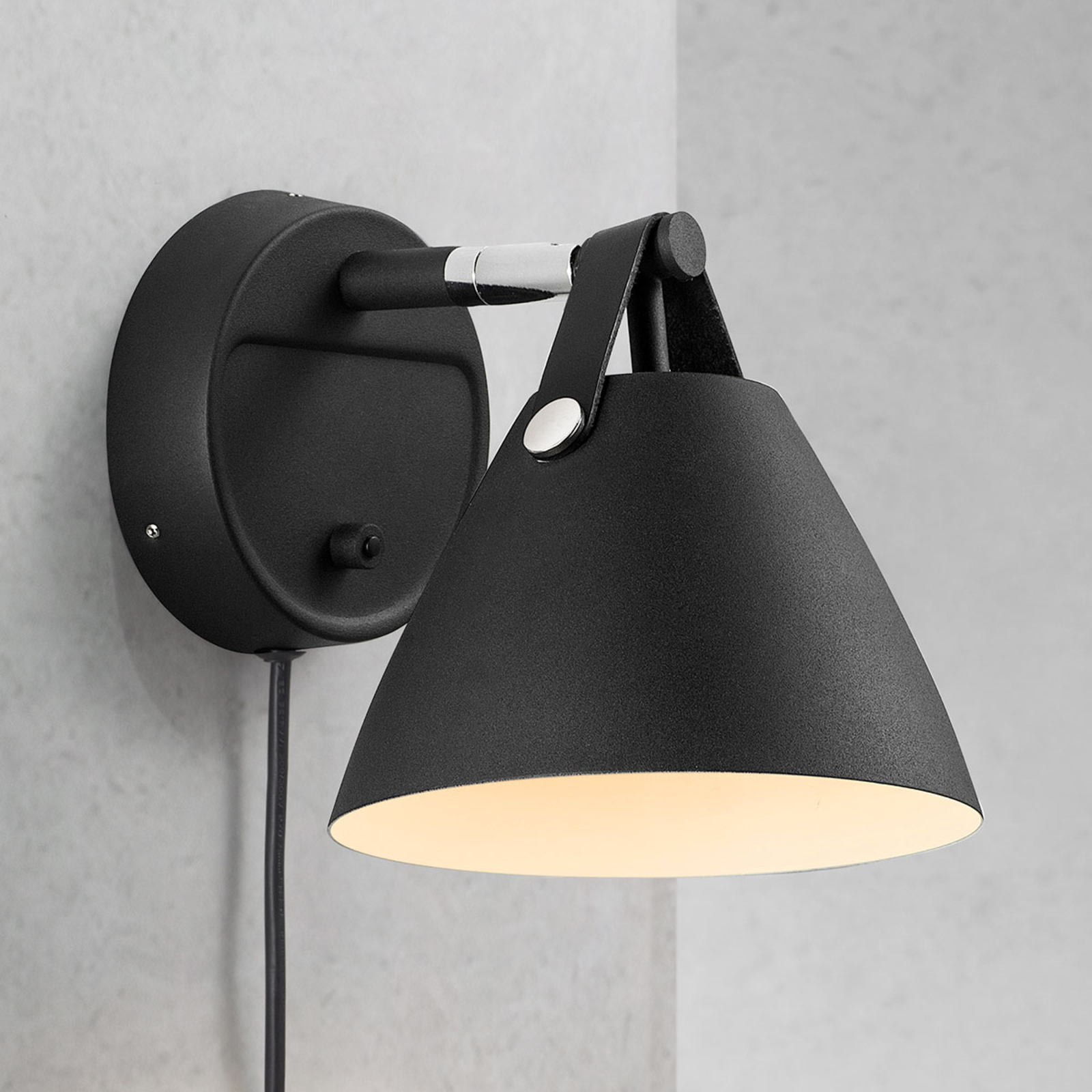 Nordlux Strap wall light with a leather strap, black, for Living / Dining Room, metal, leather, fabric, GU10, 8 W, energy efficiency: A++, W: 16.5 cm, H: 17 cm