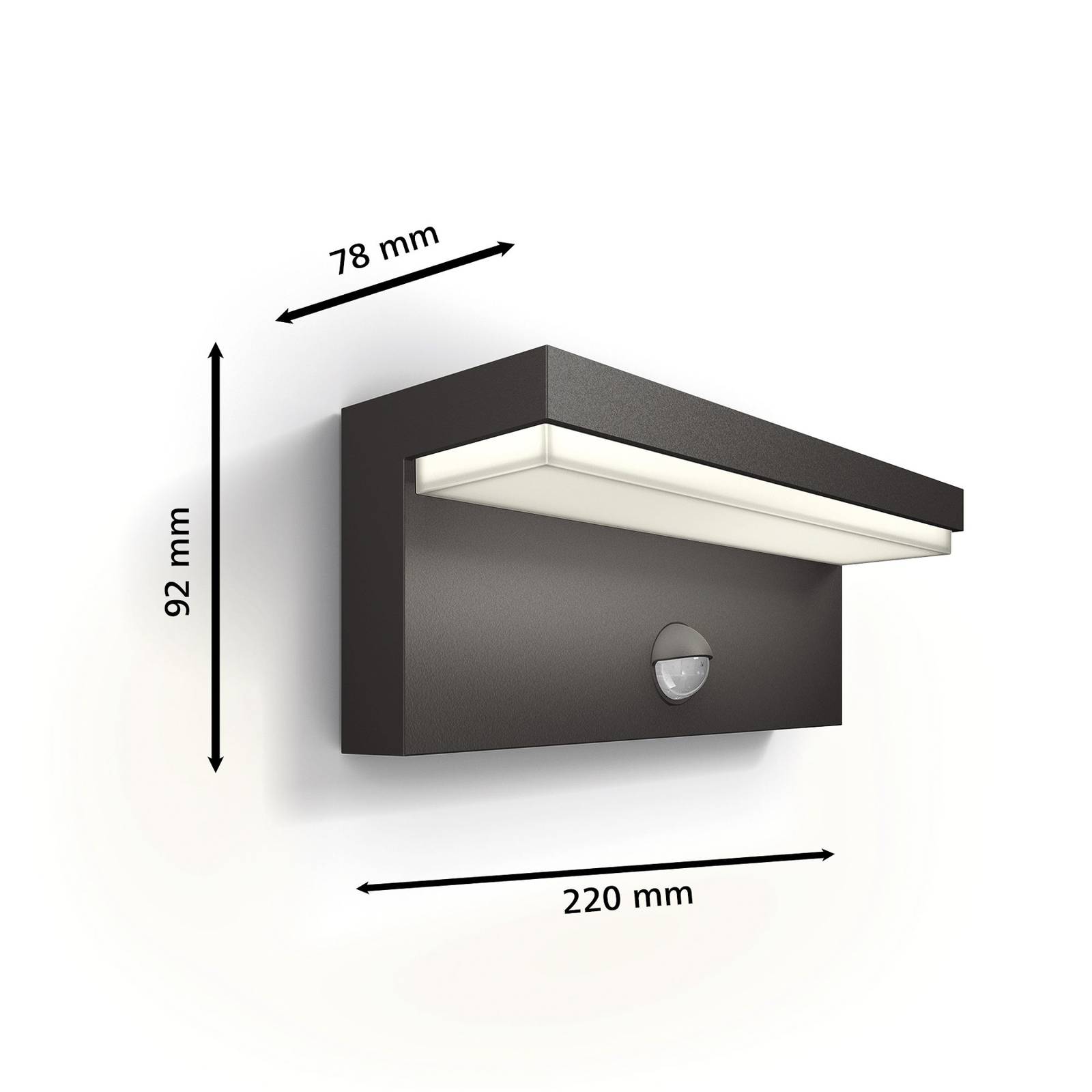 Vonkajšie nástenné svietidlo Philips LED Bustan UE, senzor, 2 700 K
