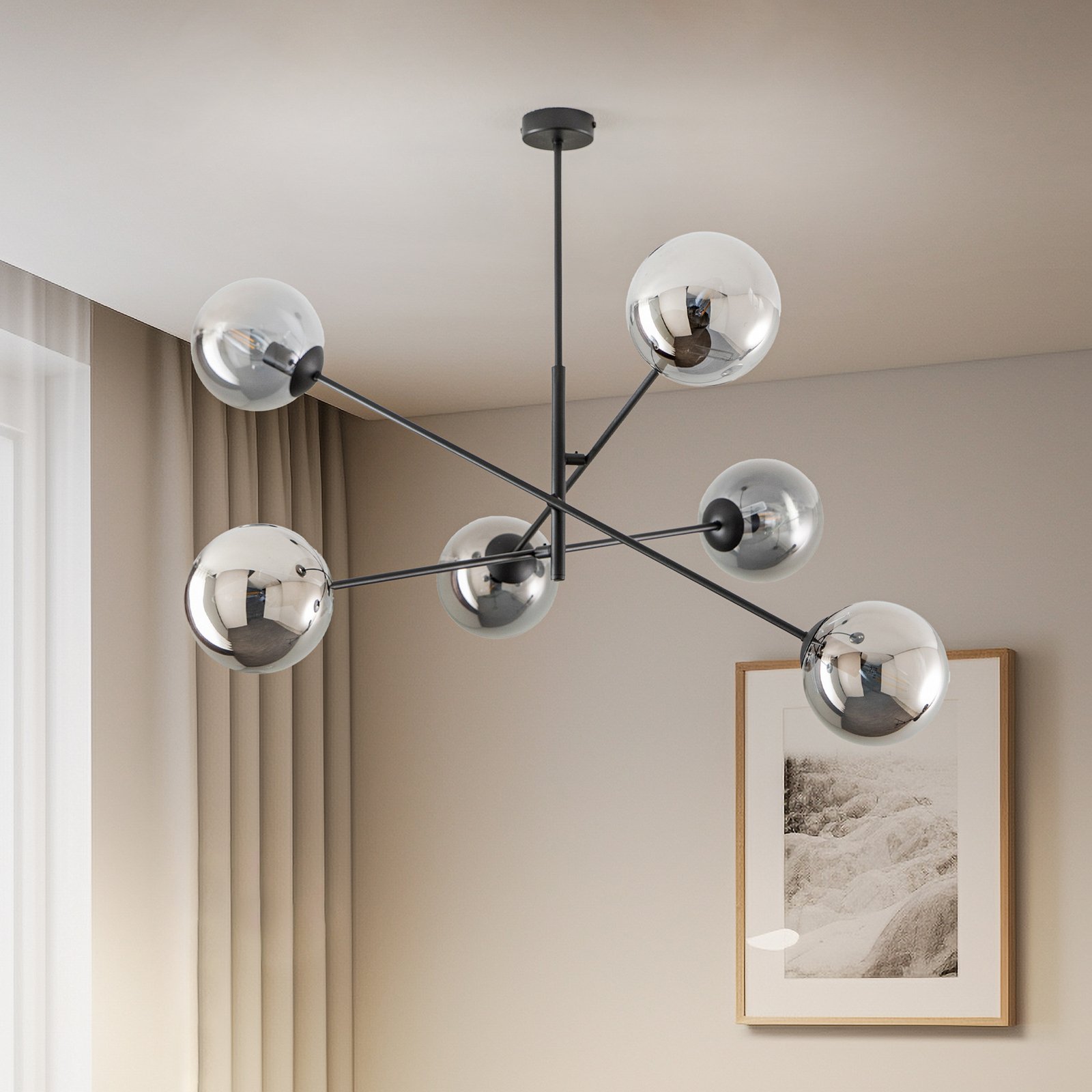 Linear ceiling light, black/graphite, six-bulb