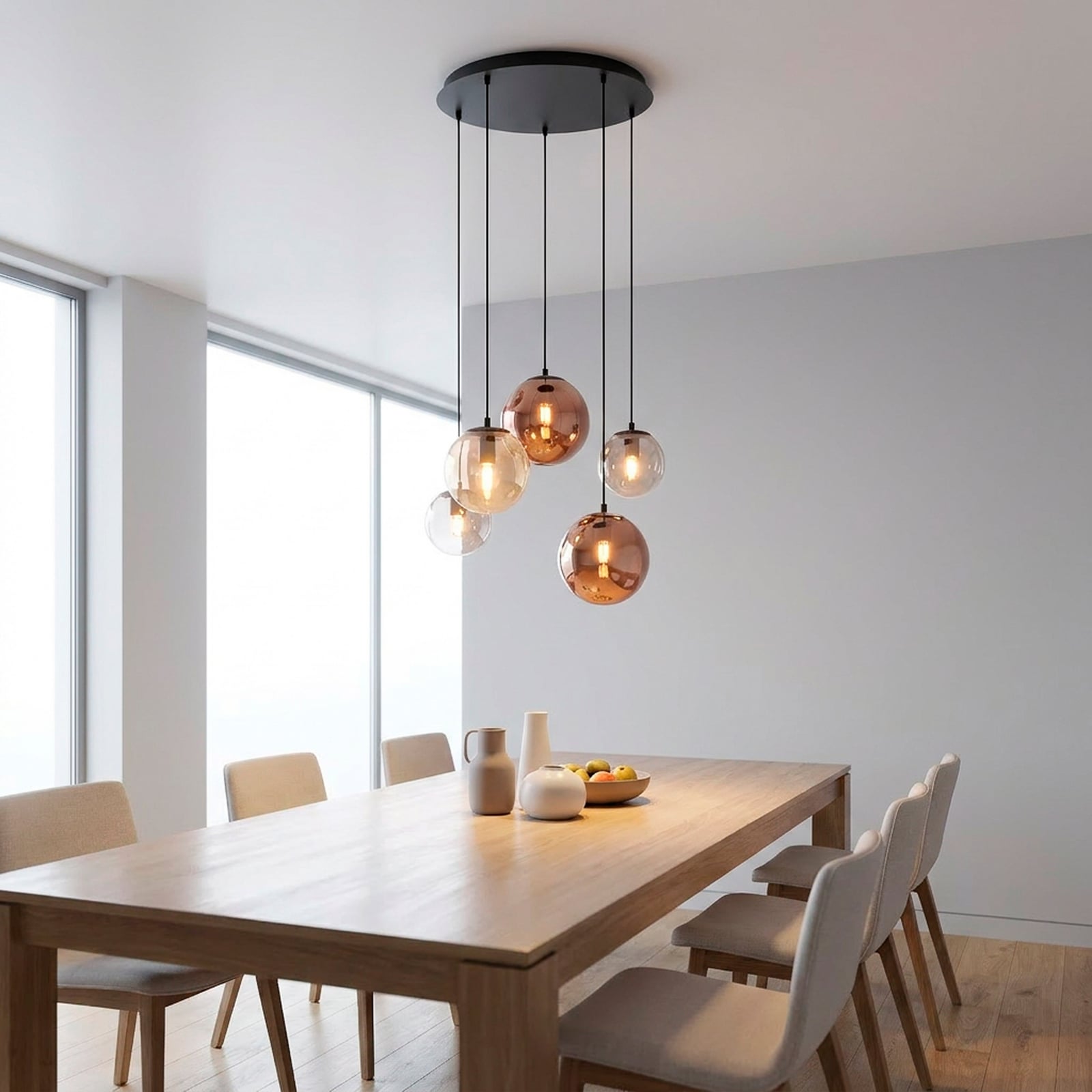 Shiny-riippuvalaisin, 5-lamppuinen, pyöreä, monivärinen, lasi, E14