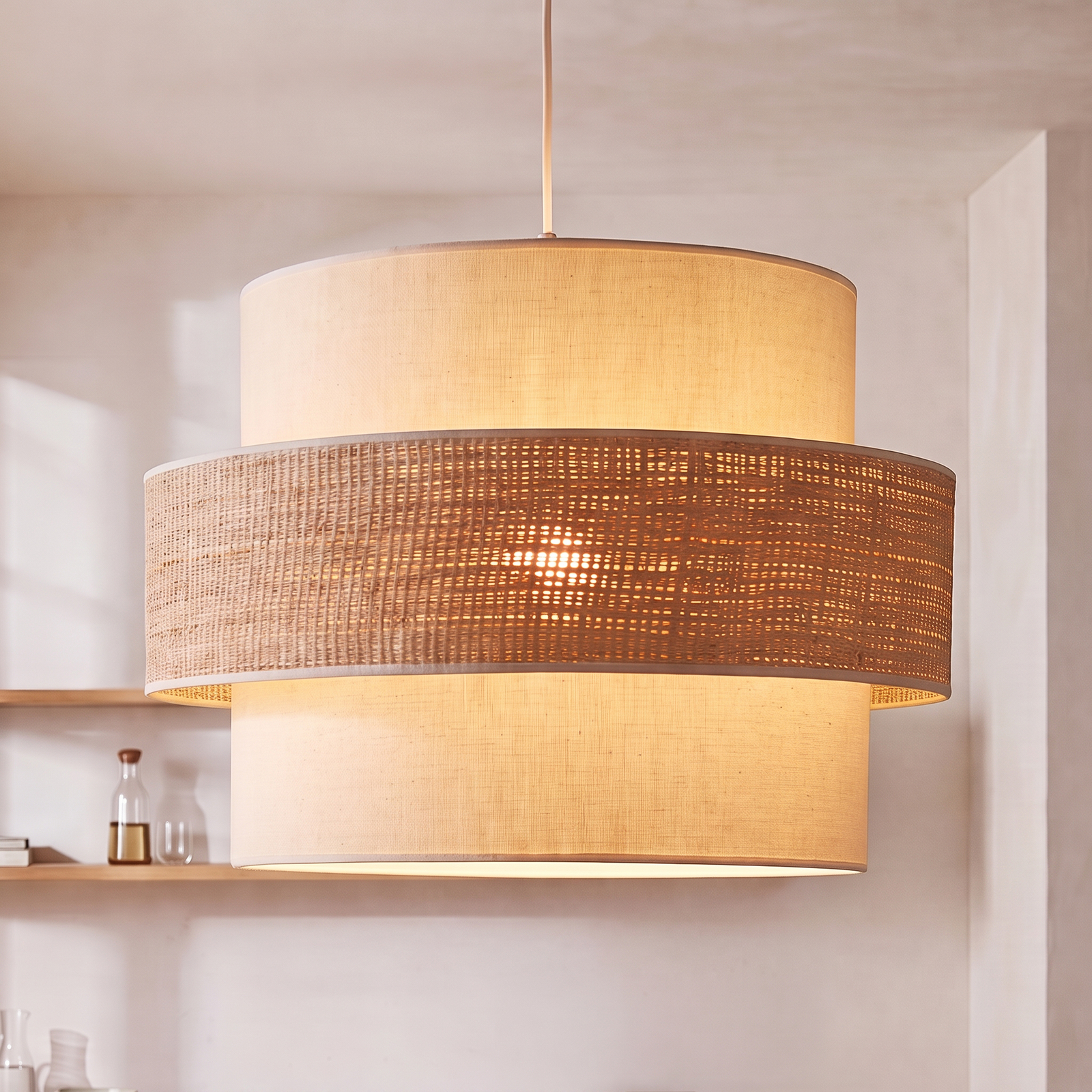Hanglamp Space, ecru/beige, 1-lamp, textiel, E27