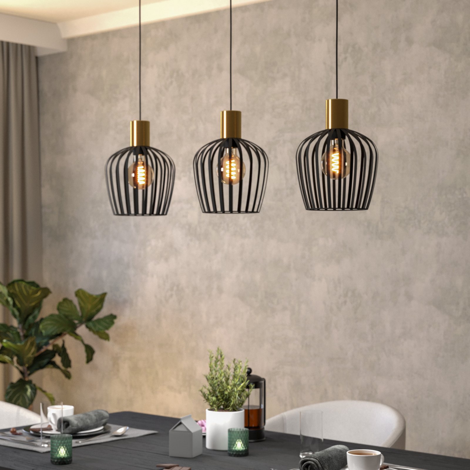 Hängelampe Empoli, Länge 90 cm, schwarz/messingfarben 3-flg.