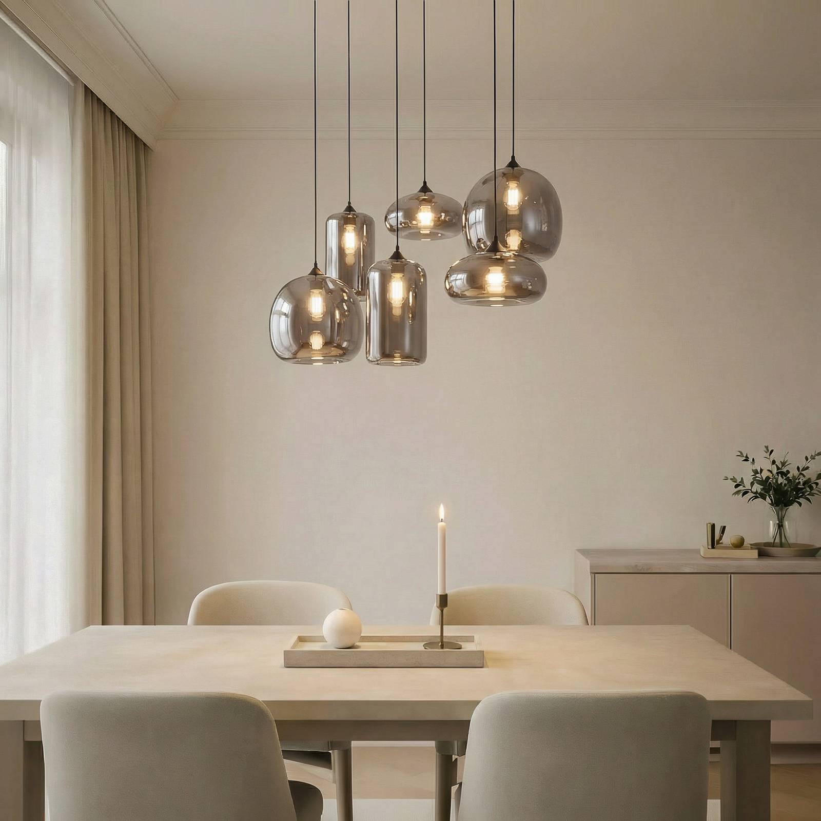 Lindby hanglamp Marla, 6-lamps, glas, rookgrijs
