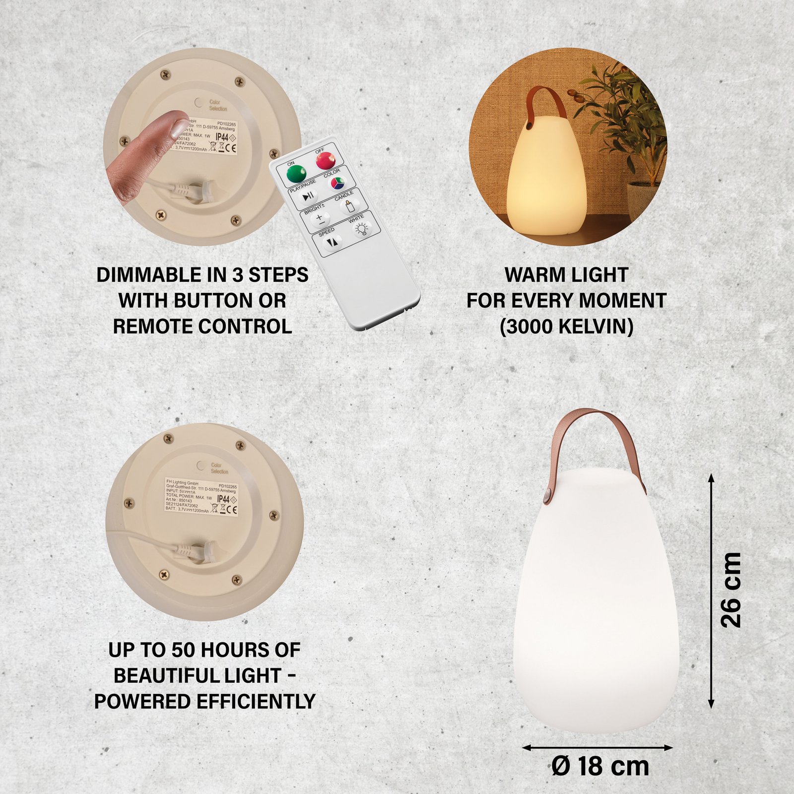 LED-Akku-Tischleuchte Ruby, Ø 18 cm, weiß, IP44, RGB dimmbar