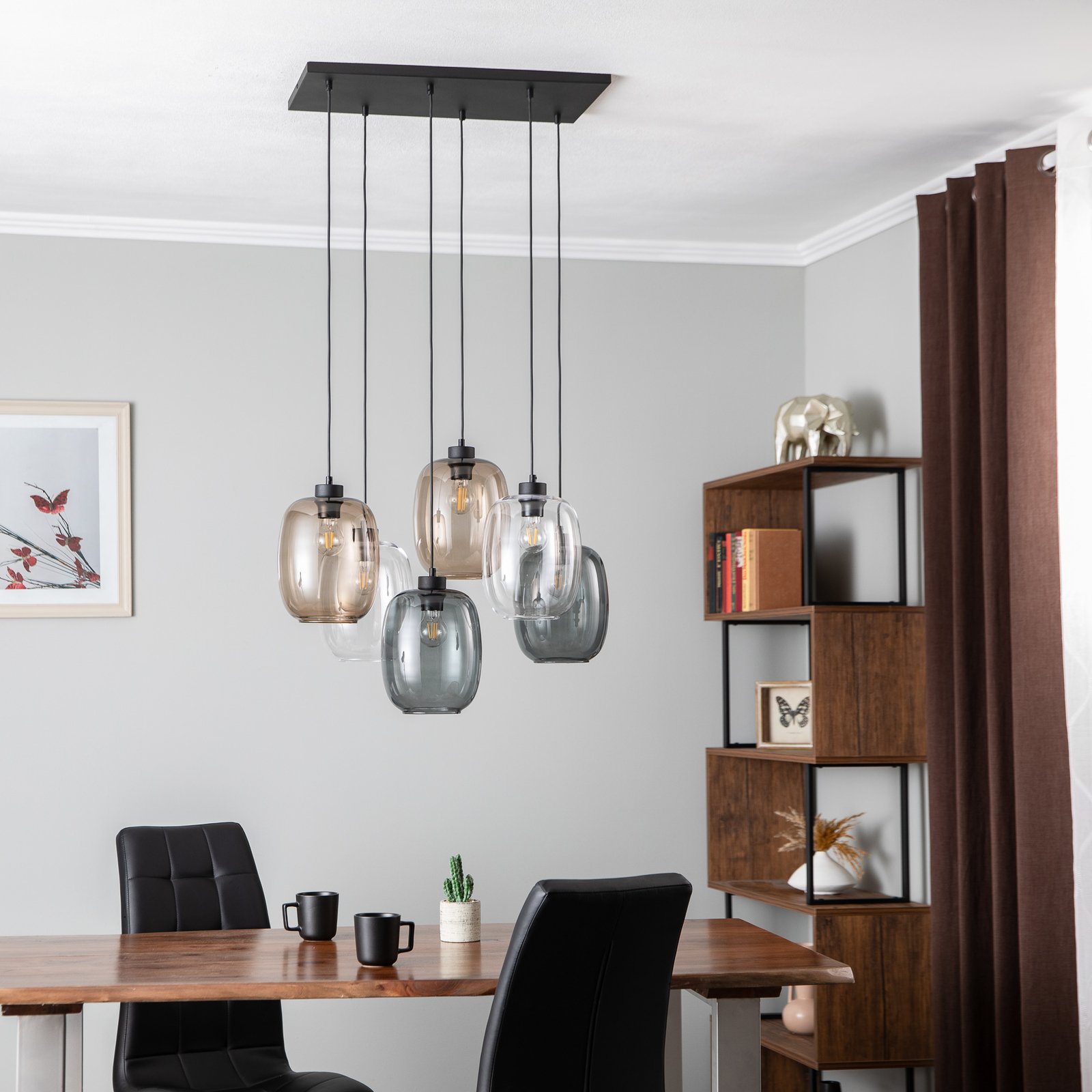 Hanglamp Elio, glas, bruin/helder/grijs, rechthoek 6-lamps