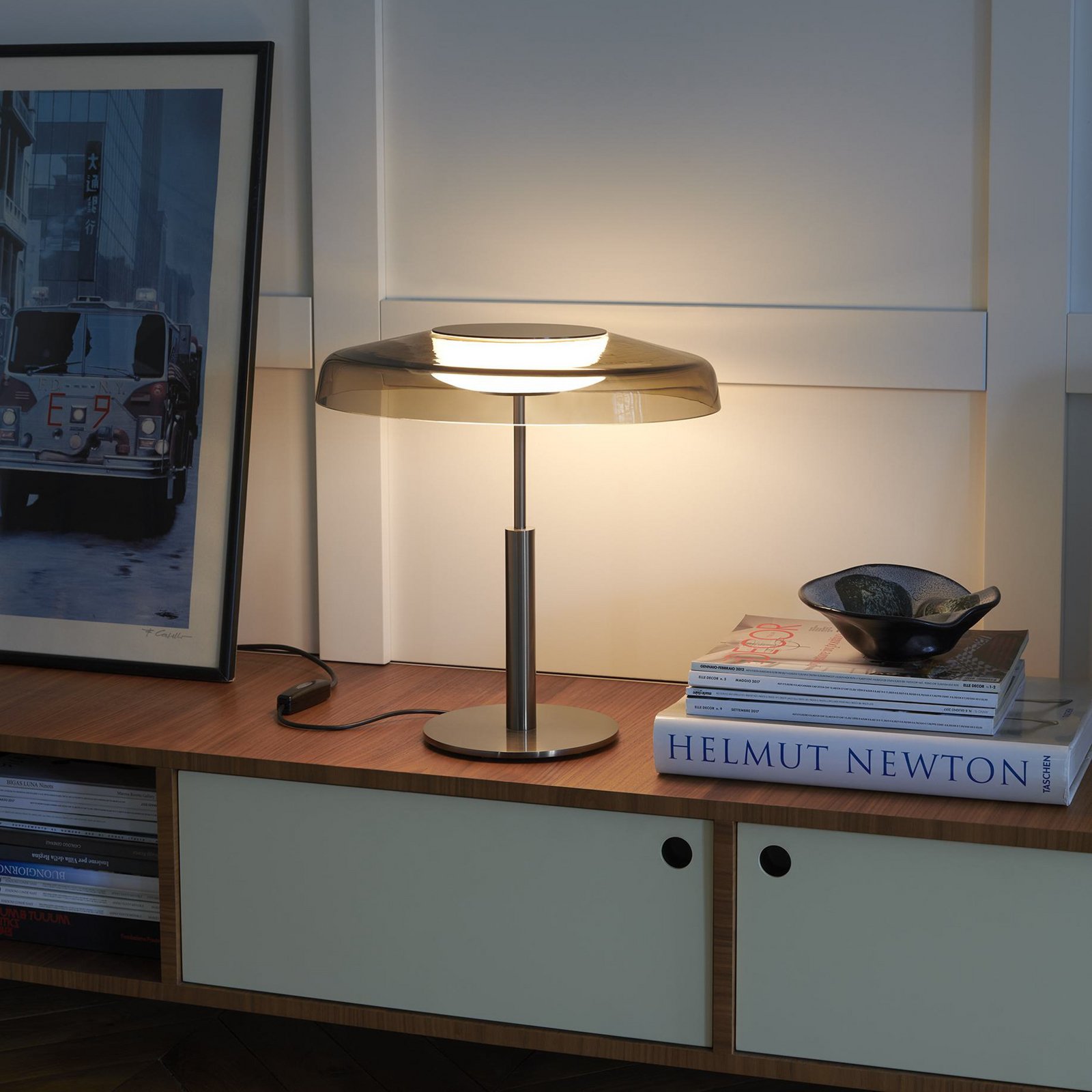 Oluce LED table lamp Dora, nickel/smoke grey, metal, PMMA