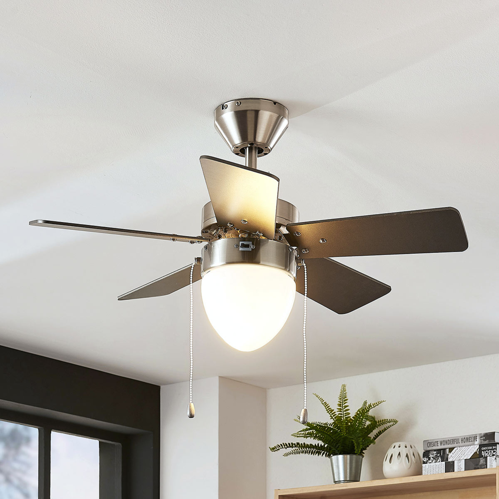 Lindby Ante five-blade ceiling fan with light, for Bedroom, MDF, glass, metal, E27, 60 W, energy efficiency: A++, H: 41 cm