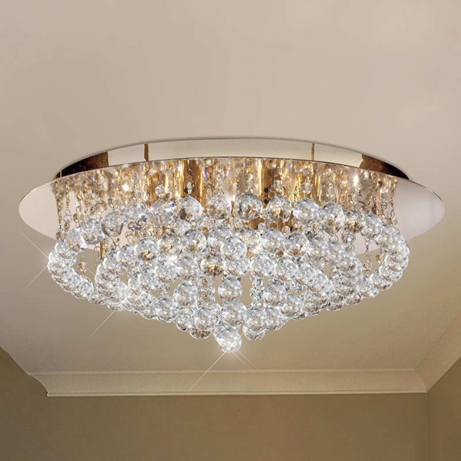 Hanna ceiling light, gold, crystal balls, Ø 55 cm