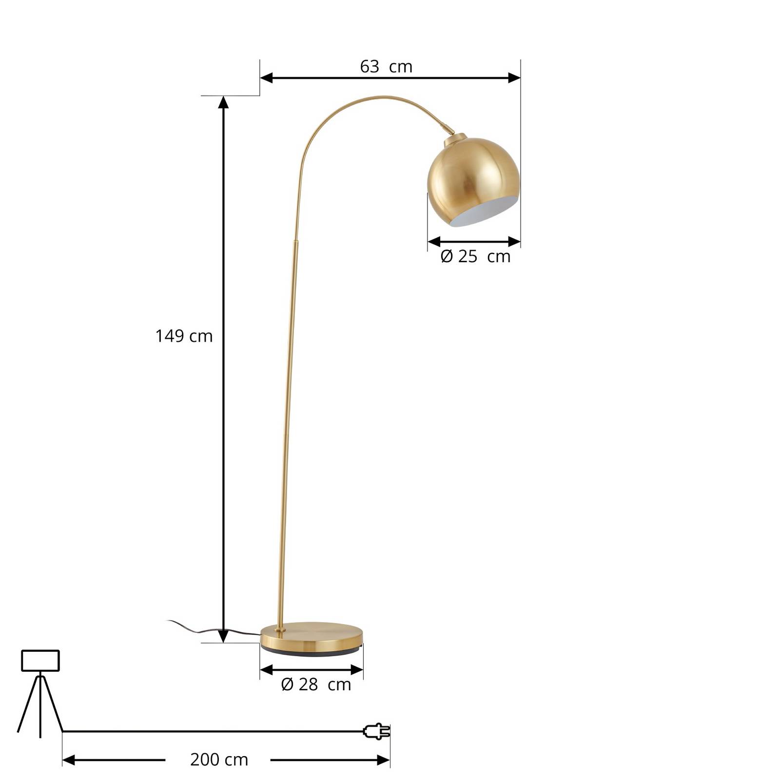 Łukowa lampa podłogowa Lindby Moisia, kolor mosiądz, metal, 148 cm