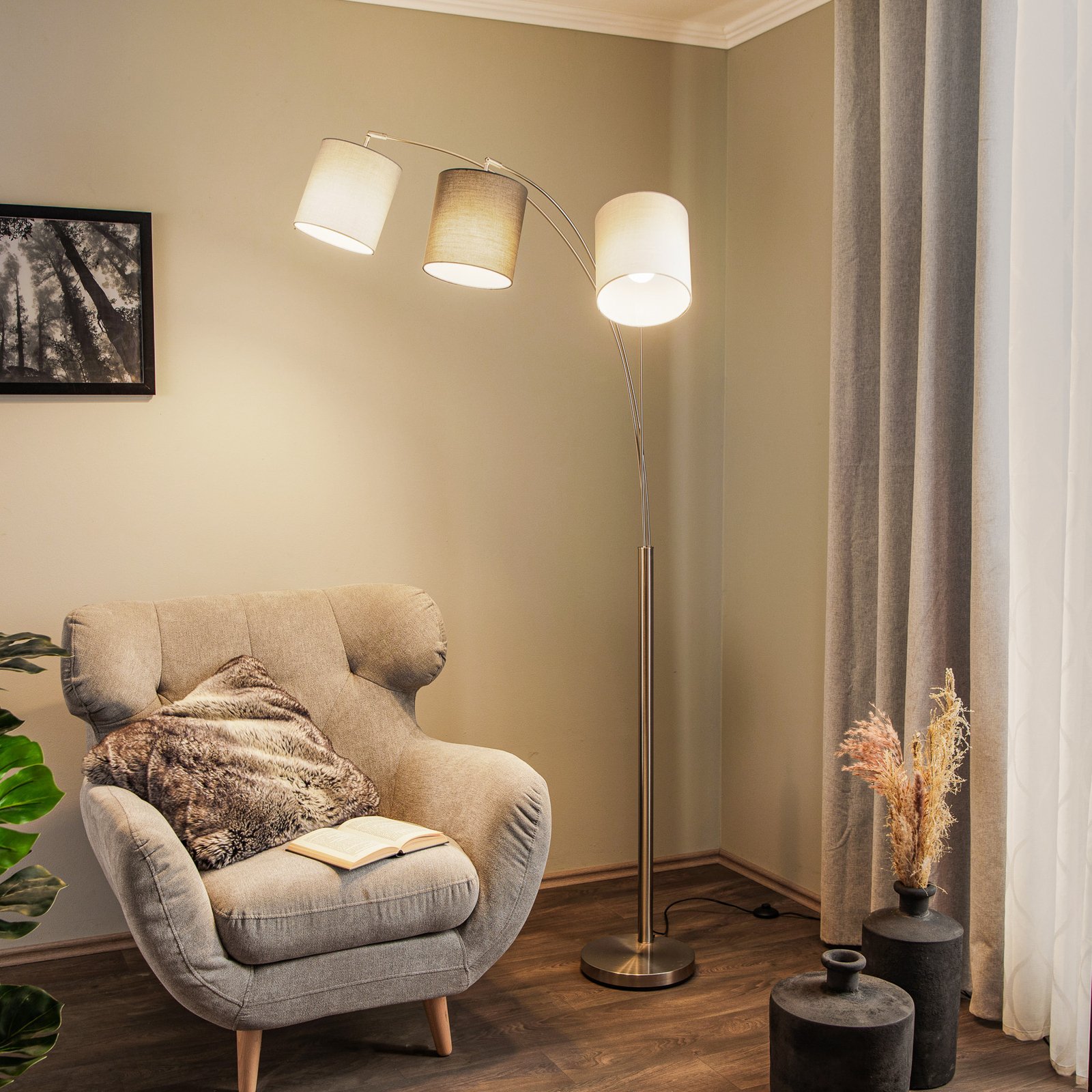 Lindby Nanika floor lamp, nickel/grey/taupe