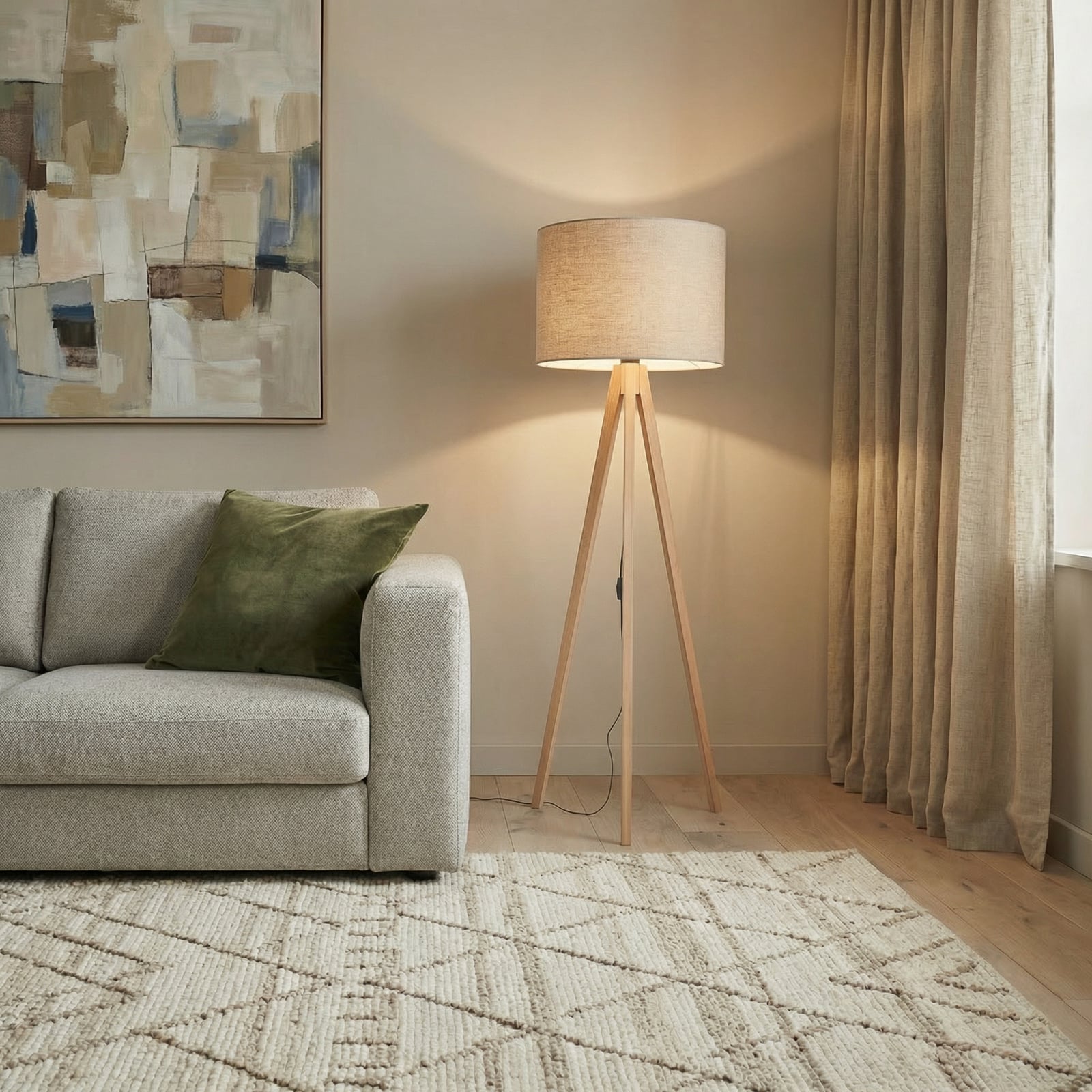 Lámpara de pie Grand, beige/pino, altura 145 cm, E27