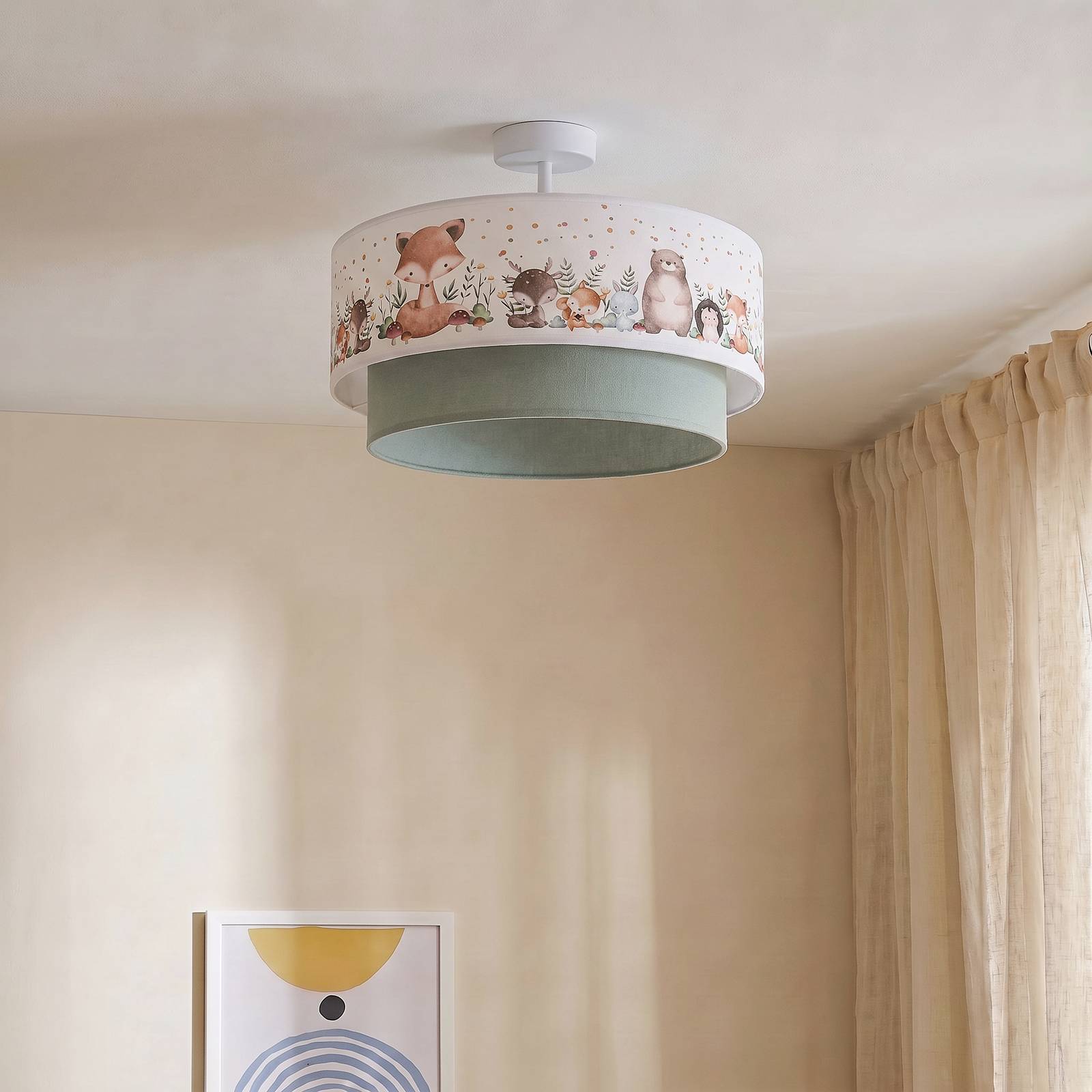Lampa sufitowa dla dzieci Boho, zielona szałwiowa/kolorowa, Ø40 cm, tkanina, E27