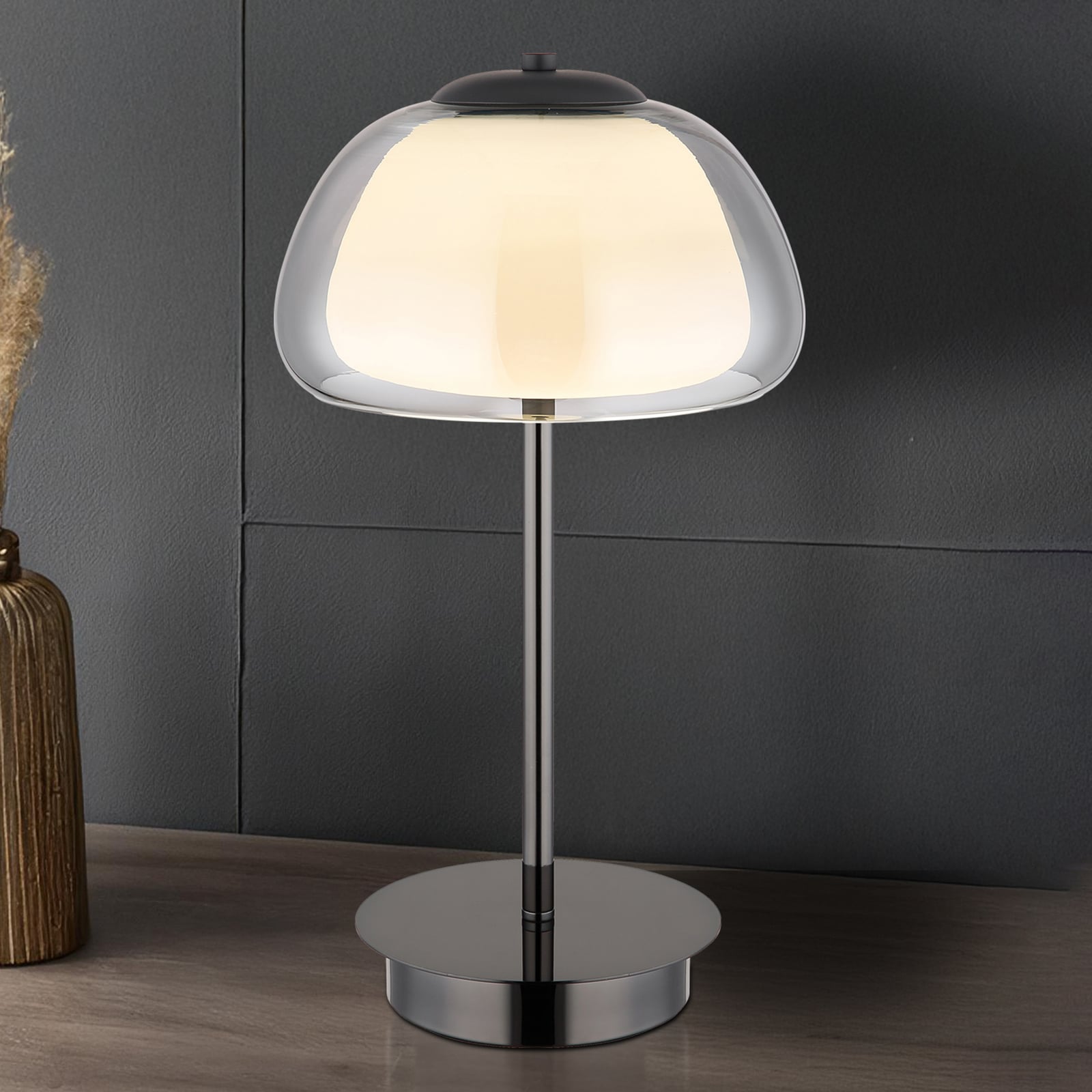 Stolová LED lampa Avila, dymovo šedá/čierna, sklo, CCT, stmievateľné