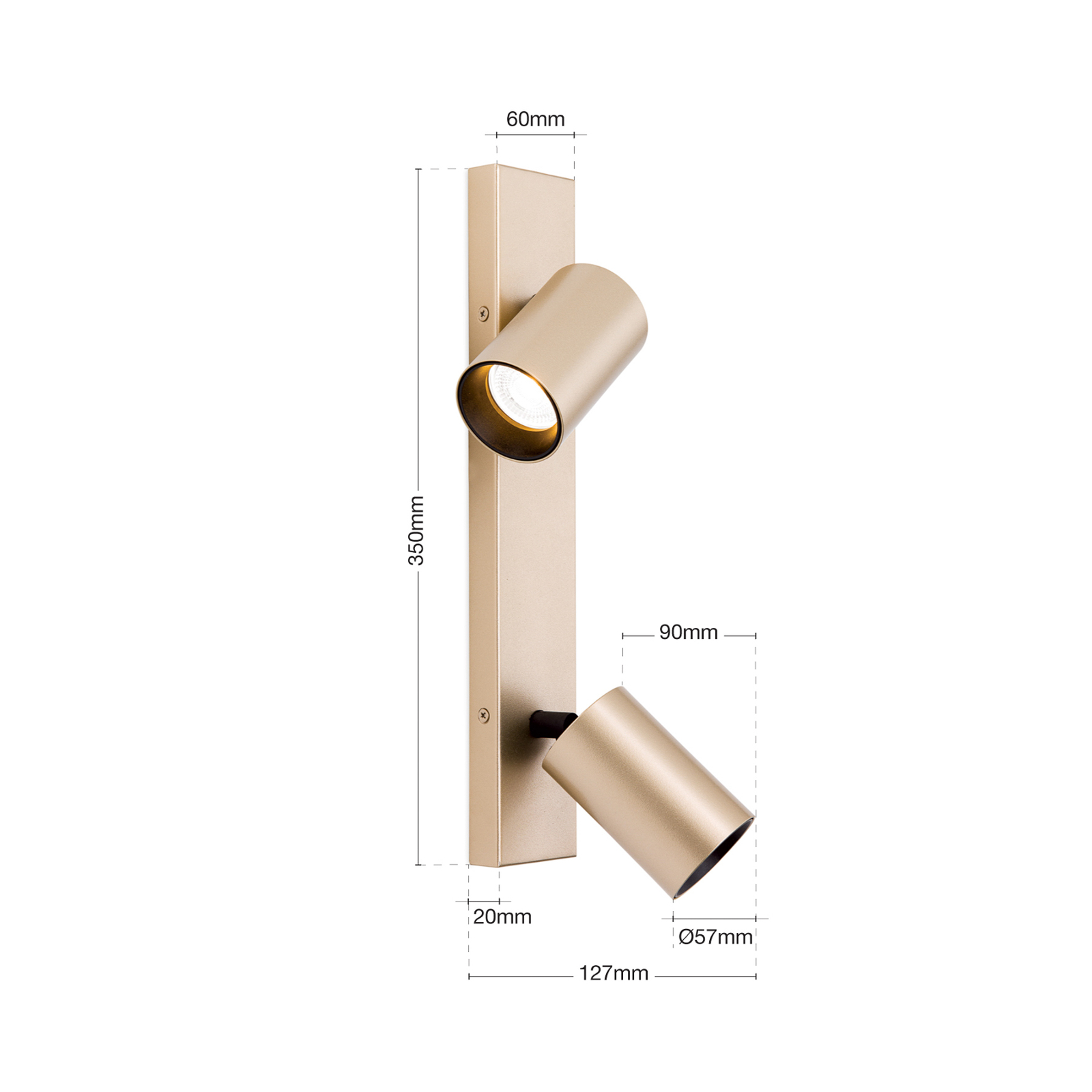 Strahler Sean, 2-flg., goldfarben, Metall, schwenkbar