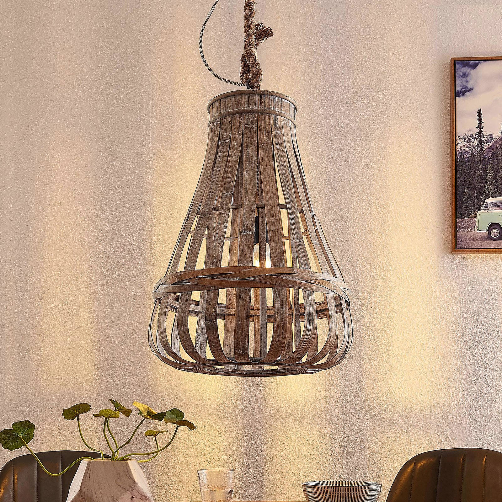 Lindby Haruno függő lámpa rattan, 42 cm