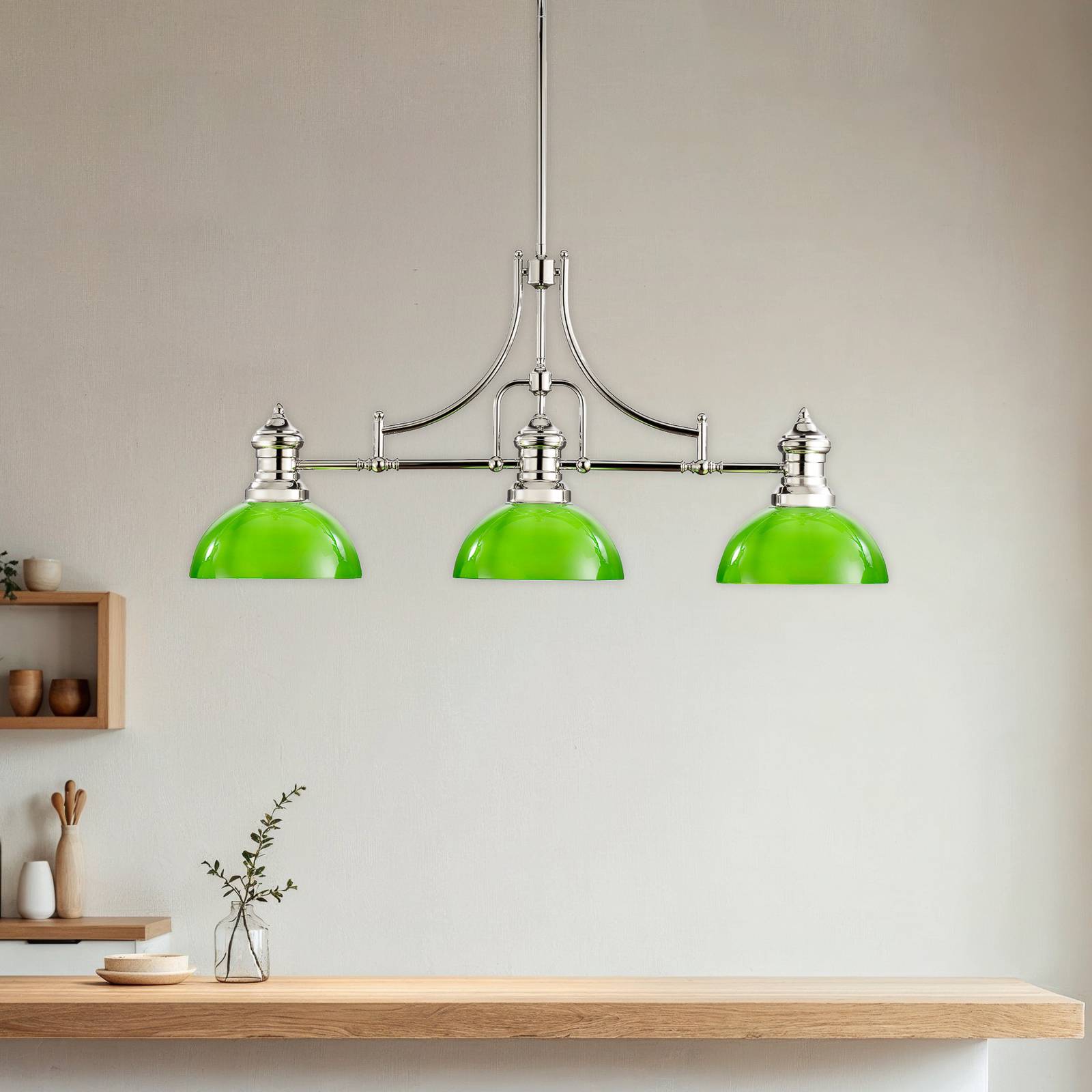 Hengelampe Platino, sølv/grønn, glass, E27, 3 lyskilder