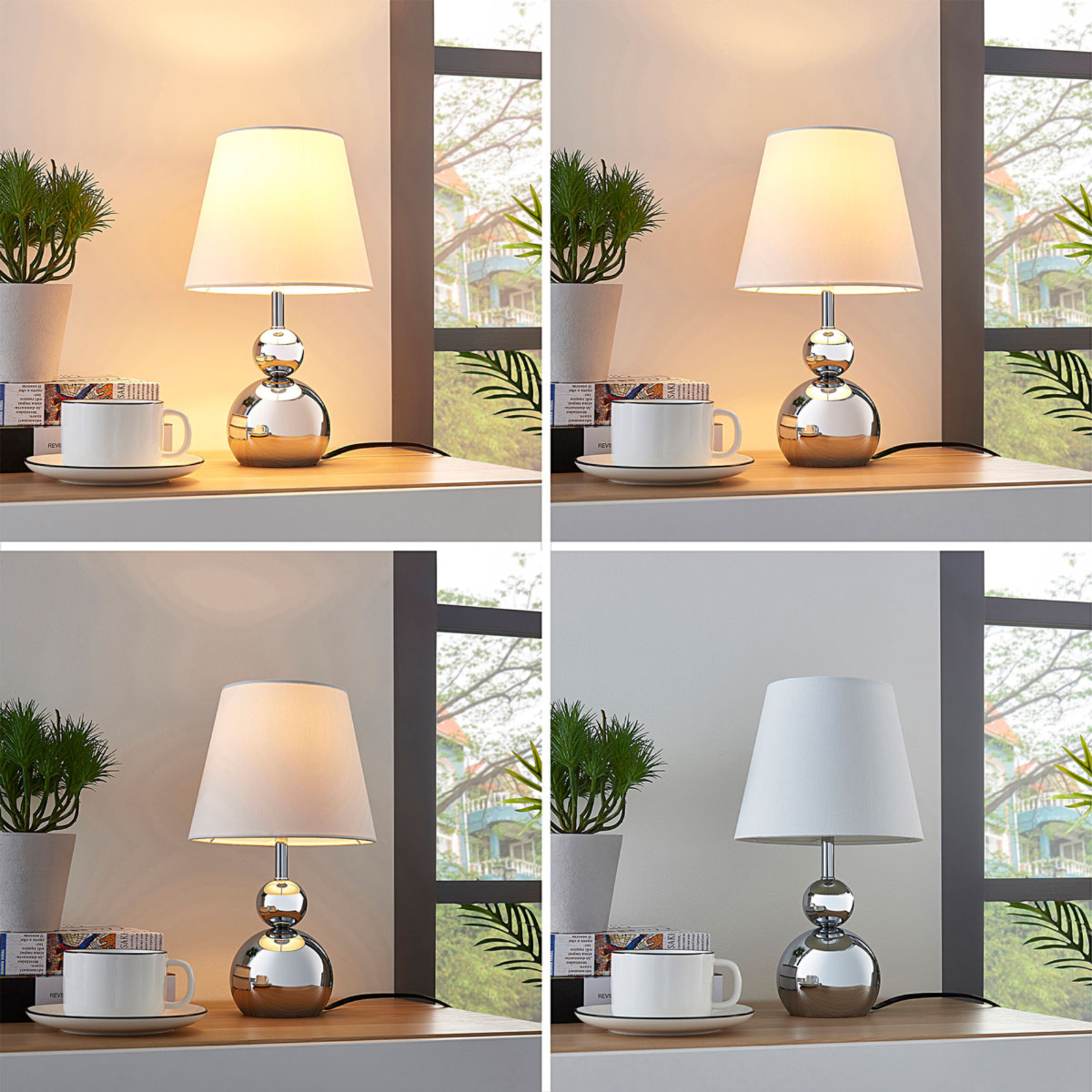 White fabric table lamp Andor with a chrome base