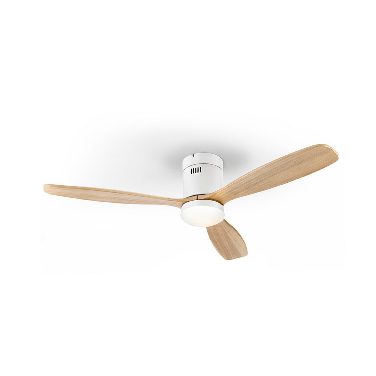 LED stropni ventilator Siroco, bel/svetlo les Ø 132 cm, tih