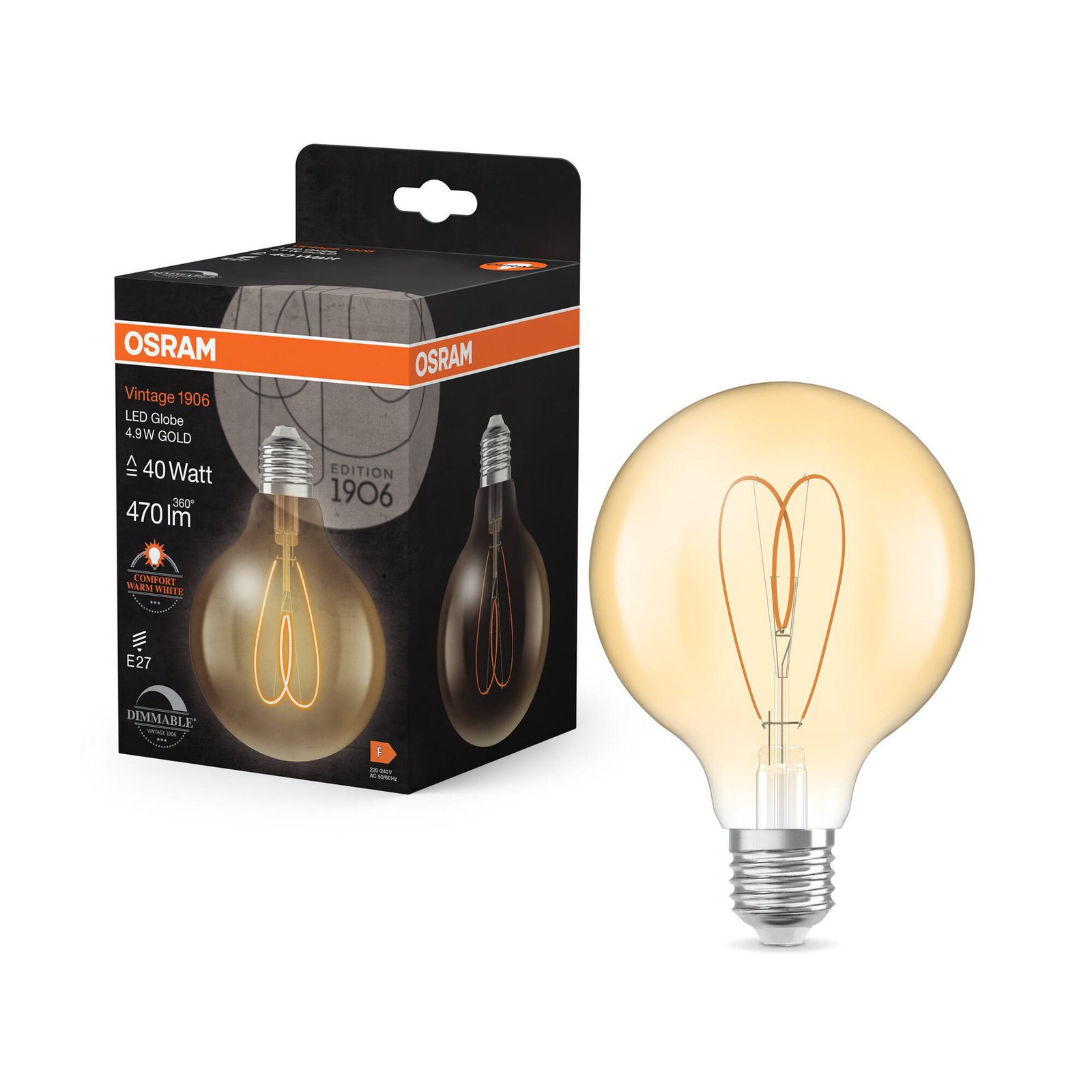 OSRAM LED senovinis G95 E27 4,9W 922 Širdies siūlas aukso spalvos dim