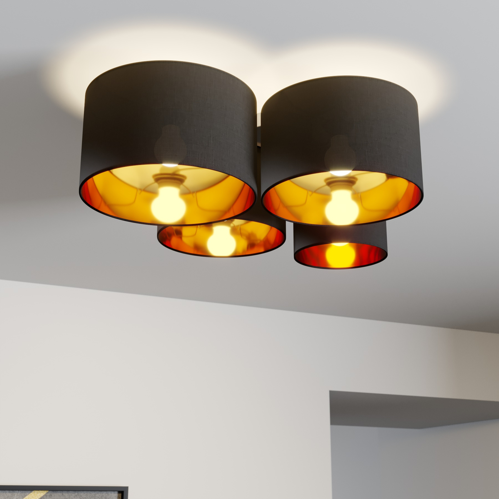 Lindby Laurenz taklampe, 4 lyskilder, svart-gull