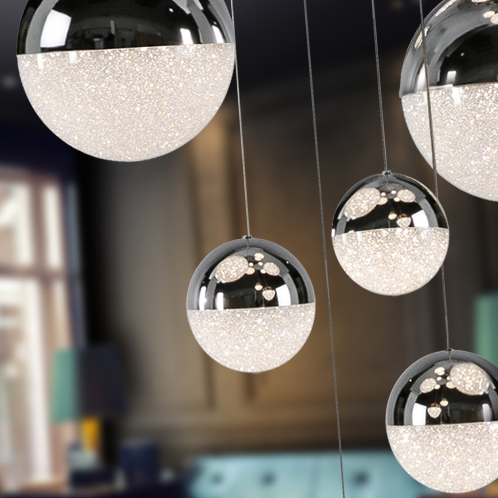 LED-Hängeleuchte Sphere, chrom/klar 14-flammig App