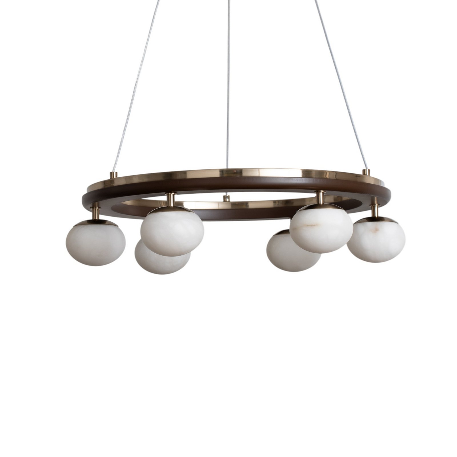 Suspension Tolosa, Ø 52 cm, laiton, à 6 lampes, verre, bois