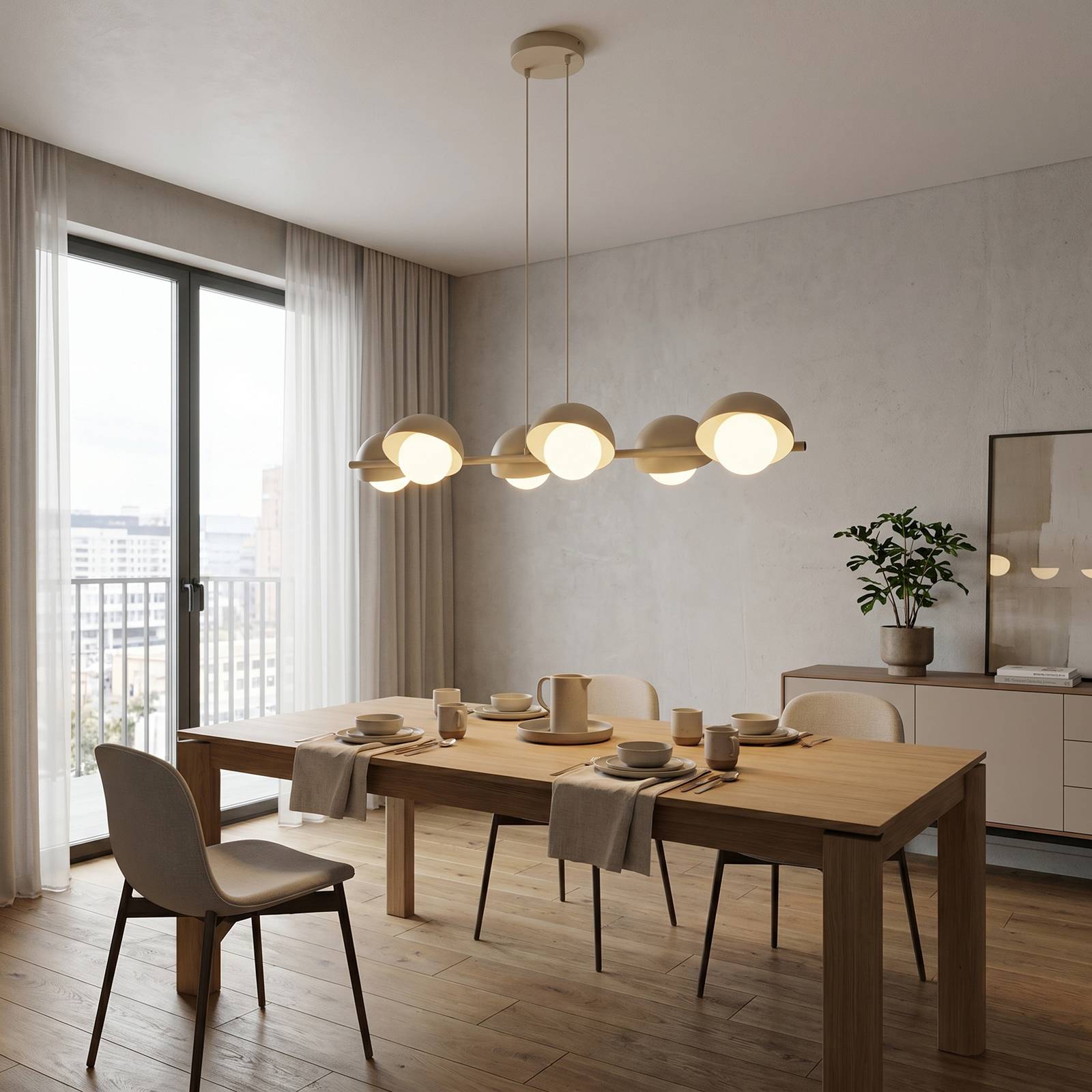 EMIBIG LIGHTING Hanglamp BOOM, beige, lengte 88 cm, 6-lamps, metaal/glas