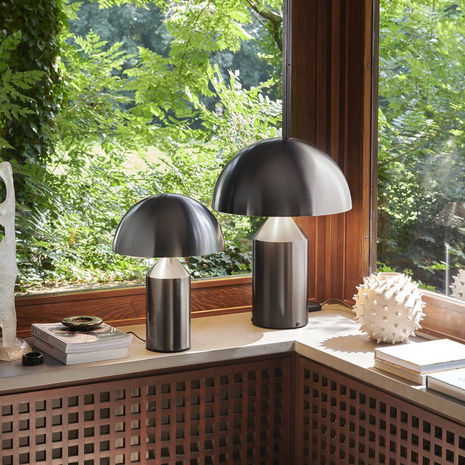 Oluce Tischleuchte Atollo, nickel satin, Dimmer, Alu, Ø 38cm günstig online kaufen