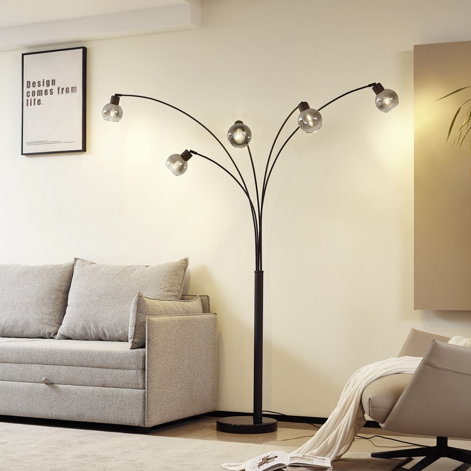 Lindby lampadaire Braccio, gris/noir, verre, 5 lampes, 204,5cm