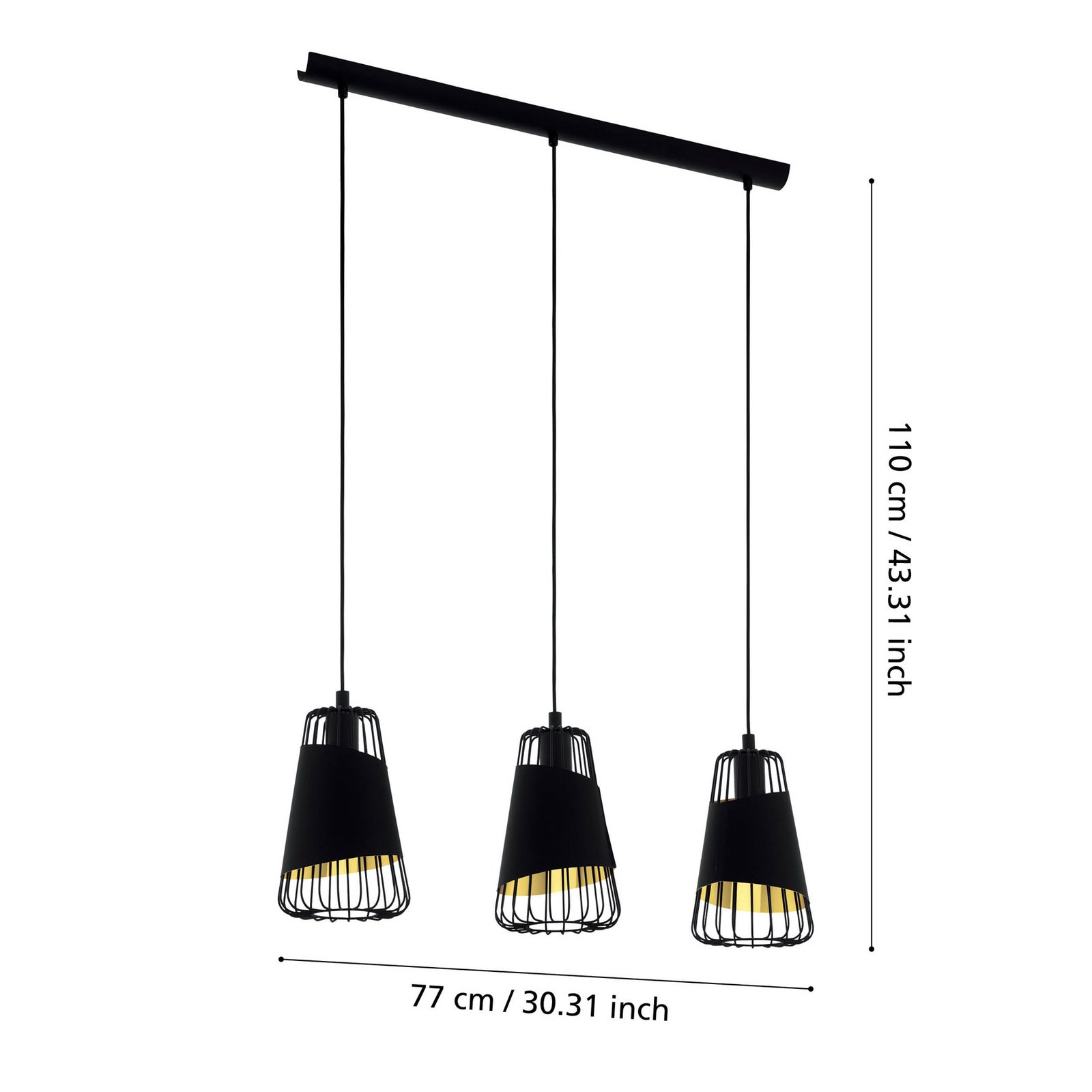 Austell piekaramā lampa, garums 76,5 cm, melna/zelta, 3 gaismas.