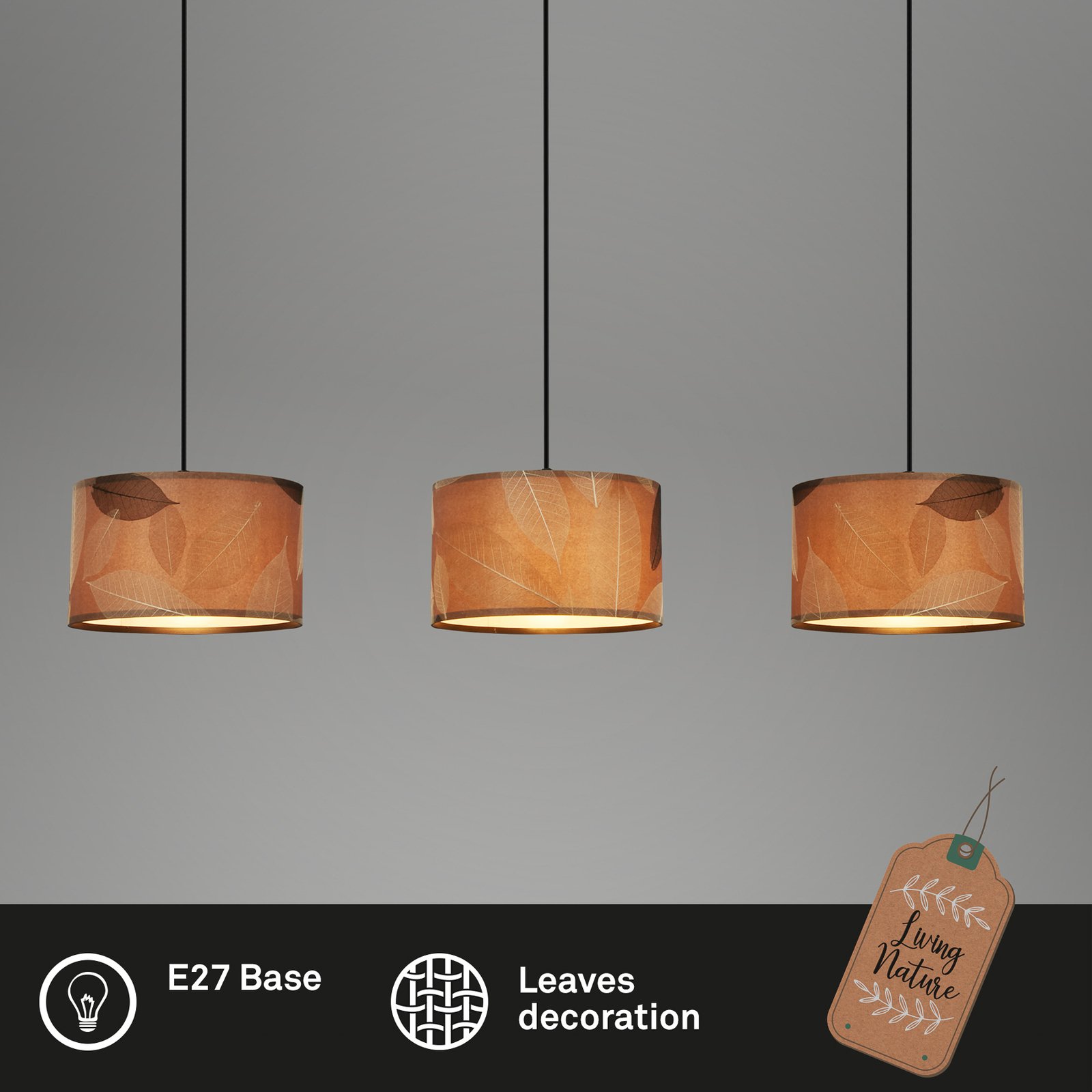 Mata pendant light, 3-bulb, brown, fabric, E27