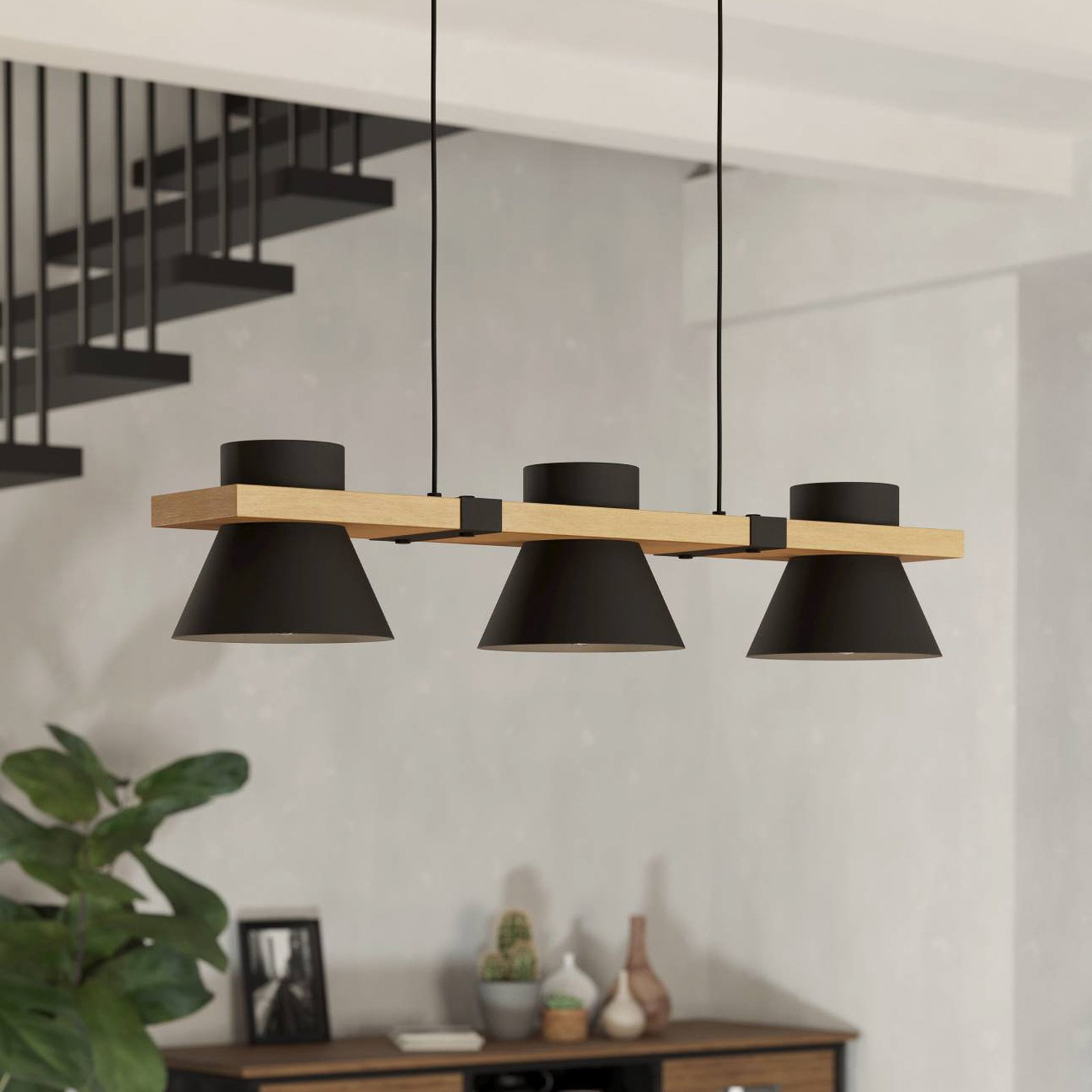 Maccles pendant light in black with wood, 3-bulb