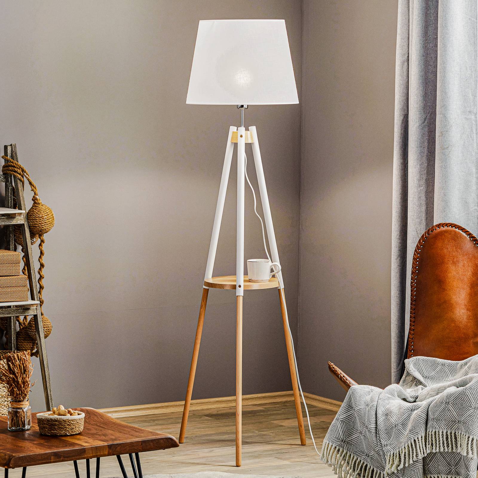 TK Lighting Lampadaire Vaio trépied en bois abat-jour blanc