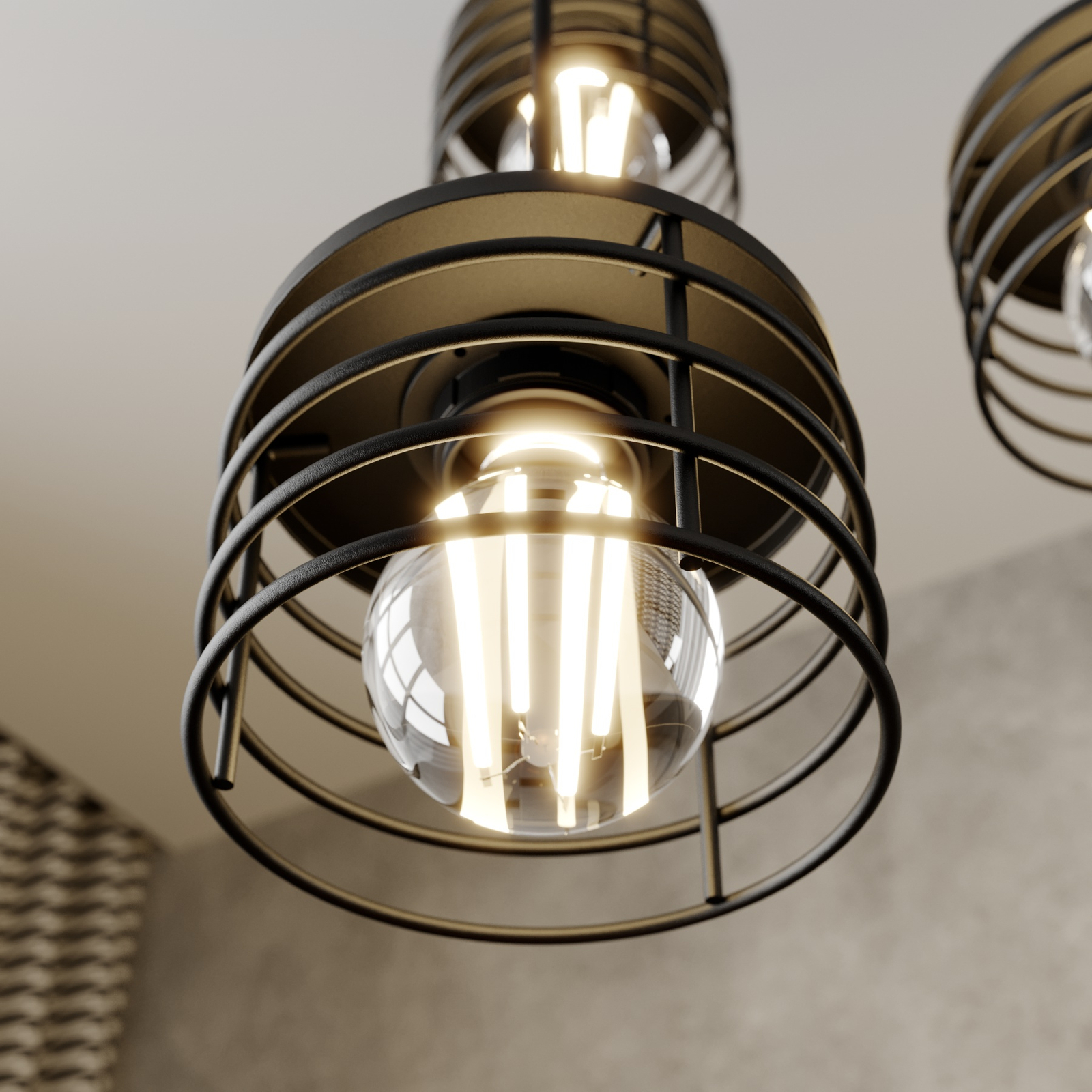 Lámpara colgante Edison en negro/cobre, redonda de 3 luces
